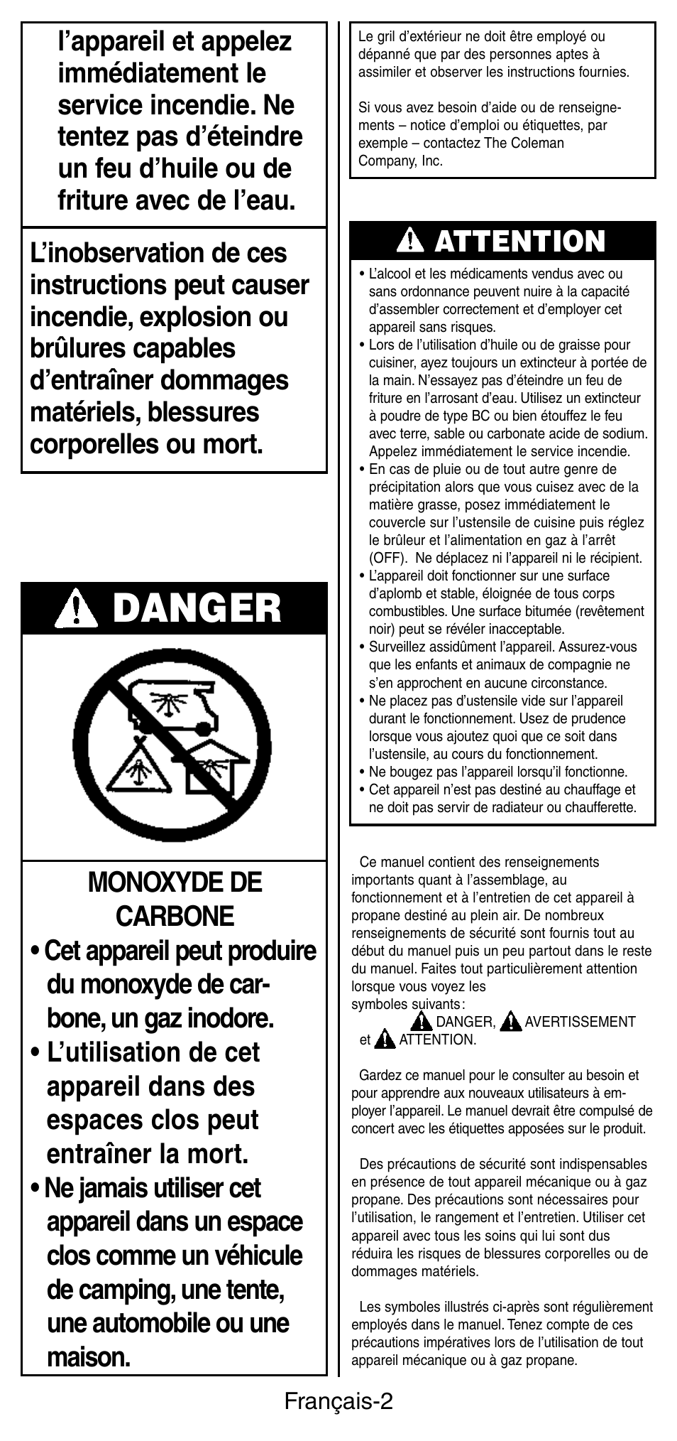 Danger, Attention, Français-2 | Coleman 9924 Series User Manual | Page 11 / 28