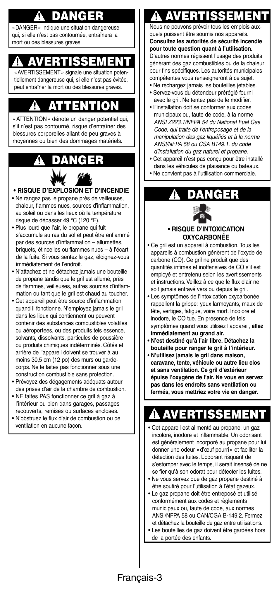 Danger, Avertissement, Attention | Français-3 | Coleman 9924 Series User Manual | Page 12 / 28