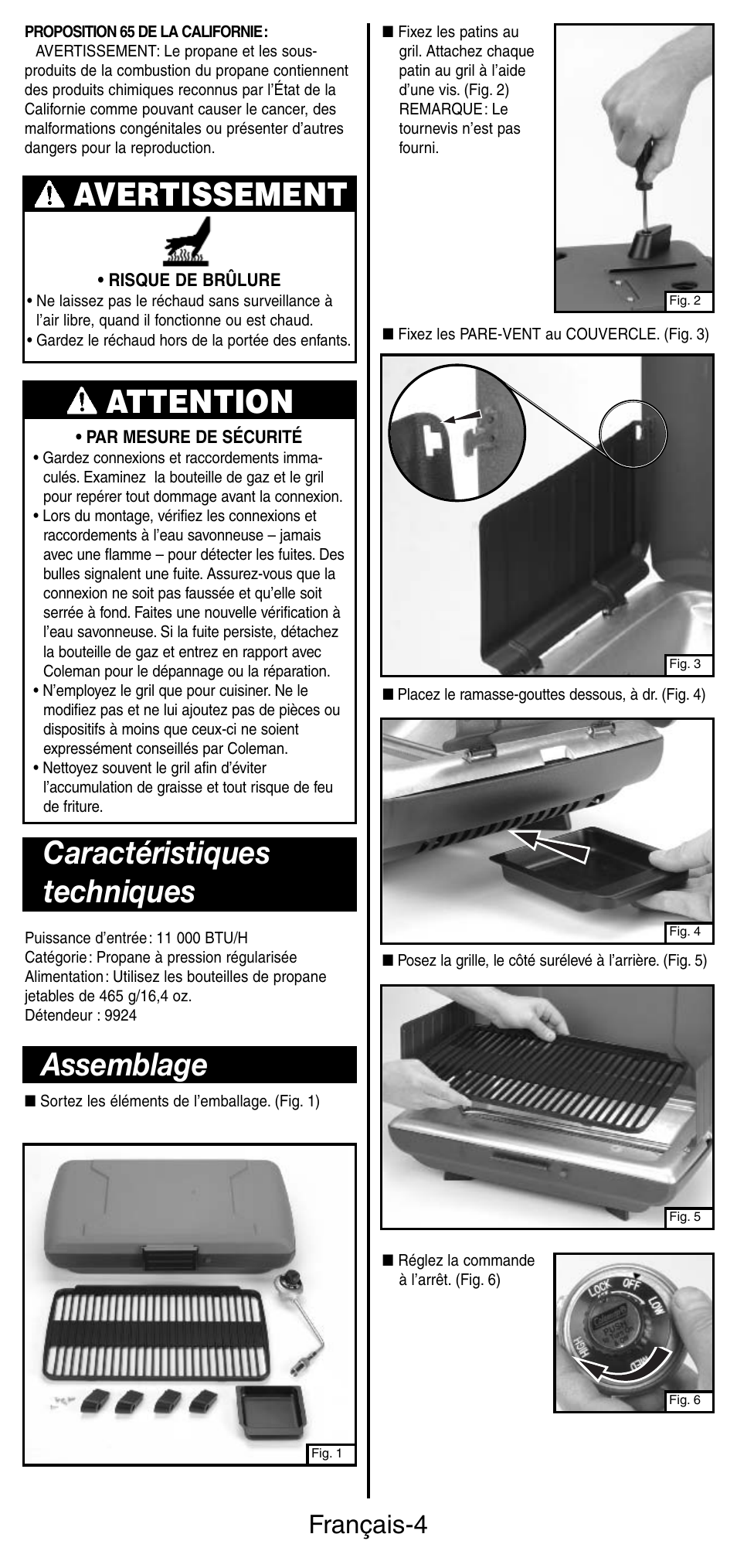 Avertissement, Attention, Caractéristiques techniques | Assemblage, Français-4 | Coleman 9924 Series User Manual | Page 13 / 28