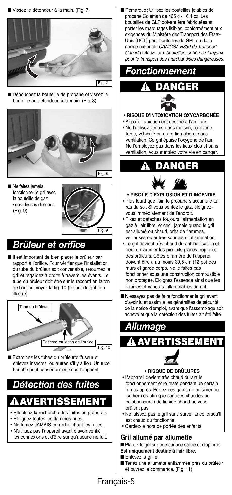 Brûleur et orifice, Avertissement, Détection des fuites danger | Fonctionnement, Danger, Allumage avertissement, Français-5, Gril allumé par allumette | Coleman 9924 Series User Manual | Page 14 / 28