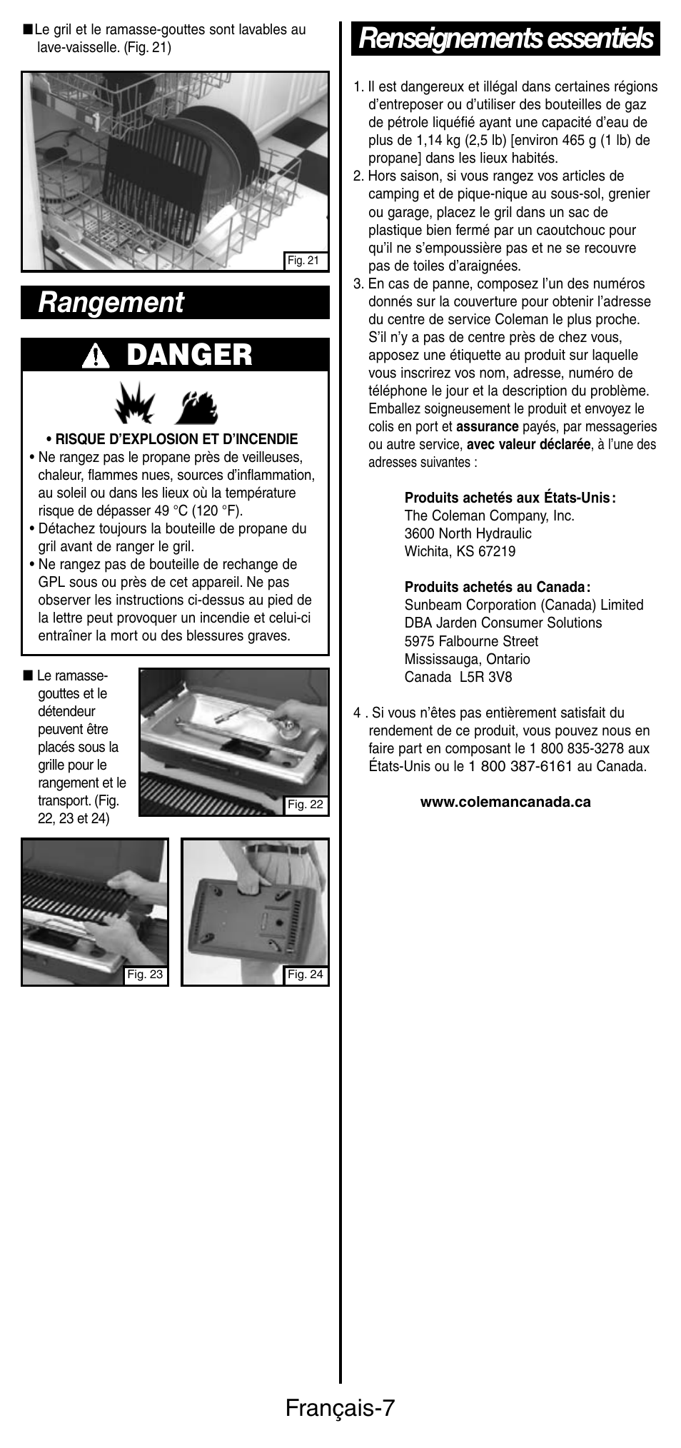 Rangement danger, Renseignements essentiels, Français-7 | Coleman 9924 Series User Manual | Page 16 / 28