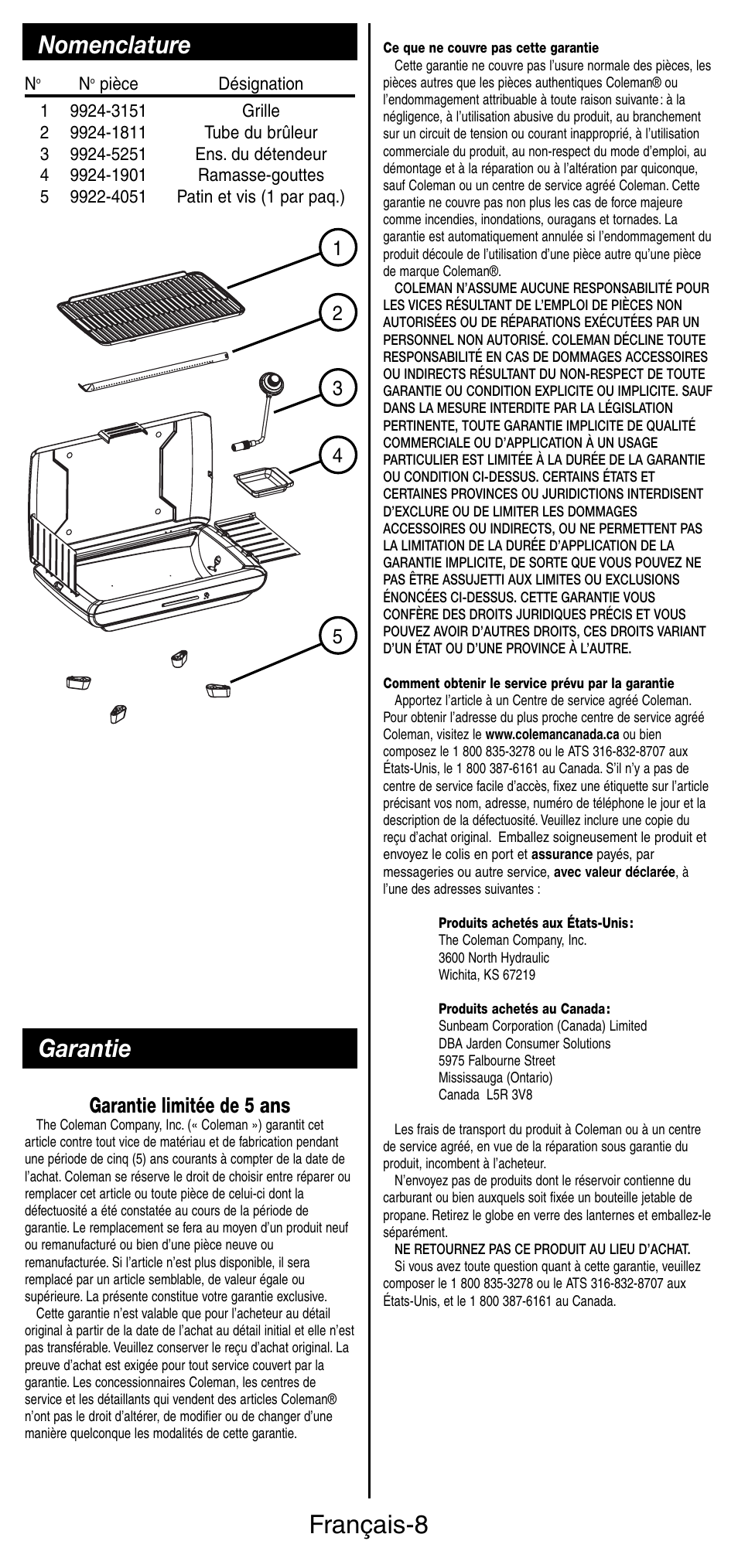 Français-8, Garantie, Nomenclature | Garantie limitée de 5 ans | Coleman 9924 Series User Manual | Page 17 / 28