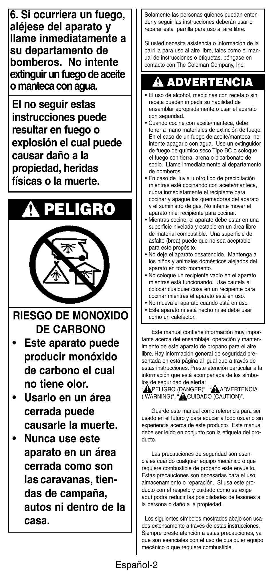 Peligro, Advertencia, Español-2 | Coleman 9924 Series User Manual | Page 19 / 28