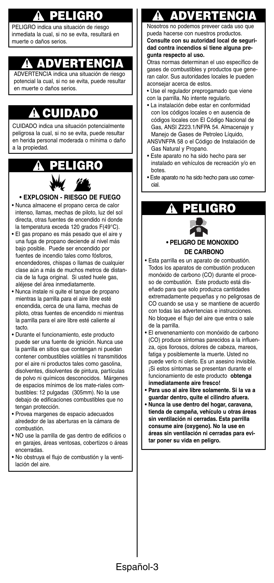 Peligro, Cuidado, Advertencia | Español-3 | Coleman 9924 Series User Manual | Page 20 / 28