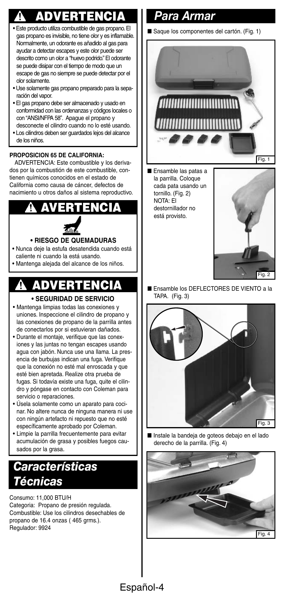 Avertencia, Advertencia, Características técnicas para armar | Español-4 | Coleman 9924 Series User Manual | Page 21 / 28