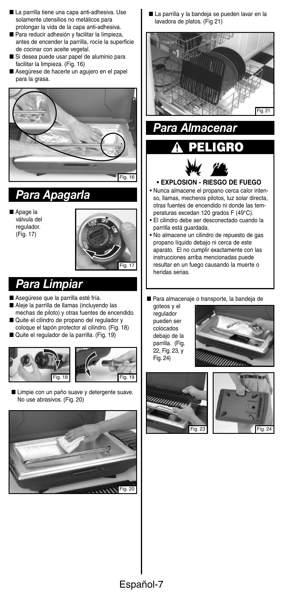 Para apagarla para limpiar, Peligro, Para almacenar | Español-7 | Coleman 9924 Series User Manual | Page 24 / 28