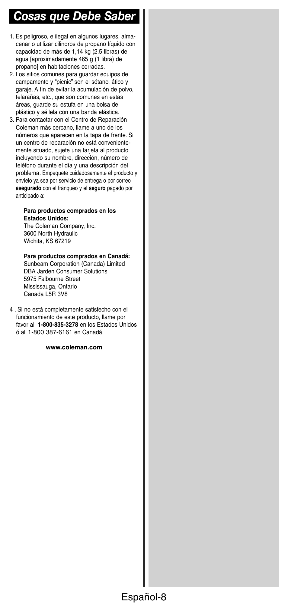 Cosas que debe saber, Español-8 | Coleman 9924 Series User Manual | Page 25 / 28