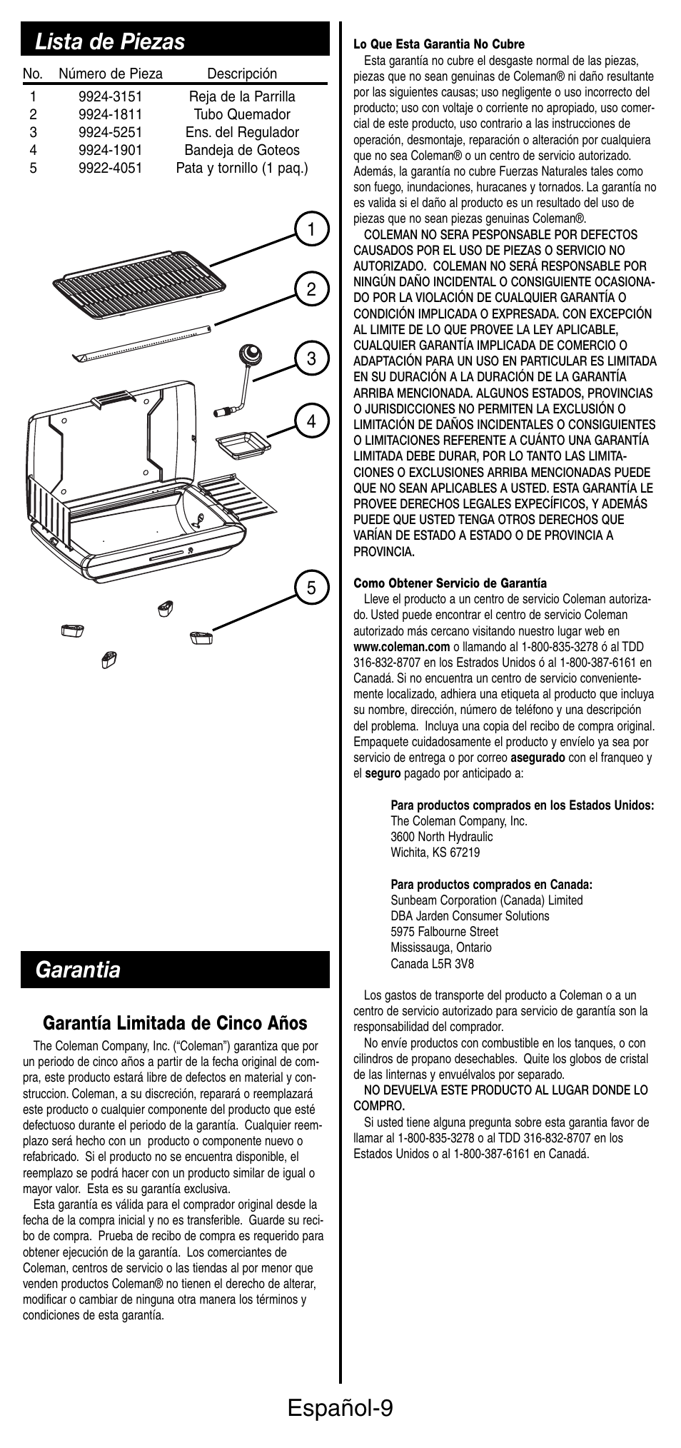 Español-9, Garantia, Lista de piezas | Garantía limitada de cinco años | Coleman 9924 Series User Manual | Page 26 / 28