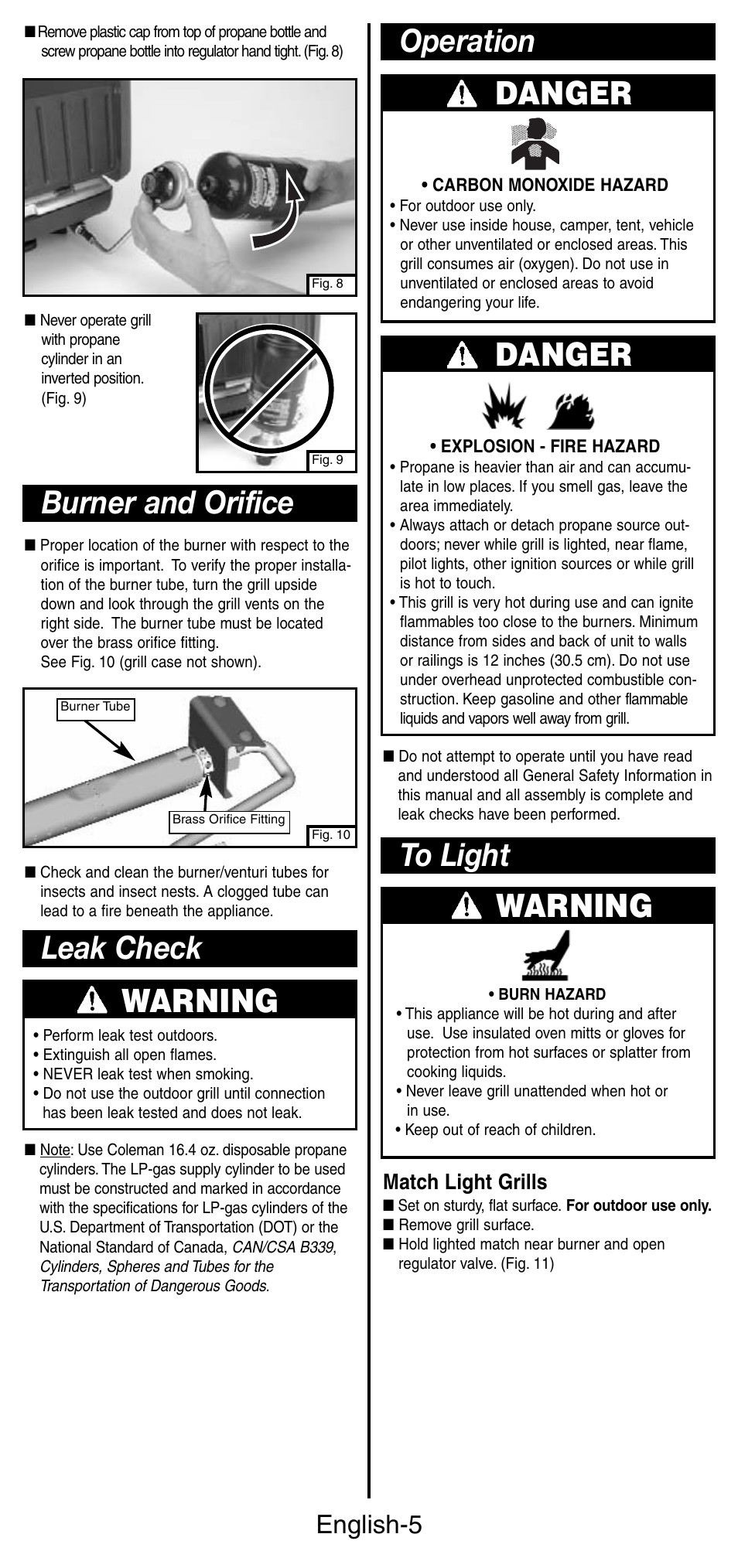 Danger, Operation danger, Warning | Burner and orifice, Leak check, English-5, Match light grills | Coleman 9924 Series User Manual | Page 6 / 28