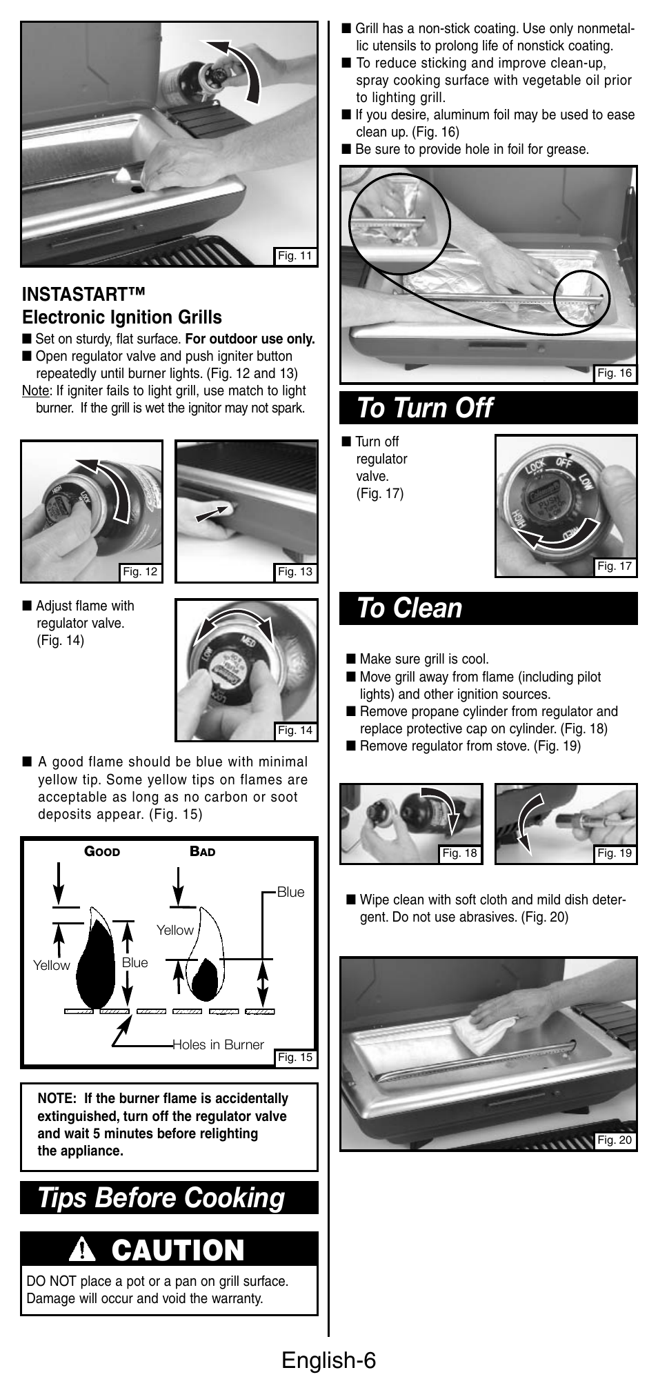 Tips before cooking caution, English-6, Instastart™ electronic ignition grills | Coleman 9924 Series User Manual | Page 7 / 28
