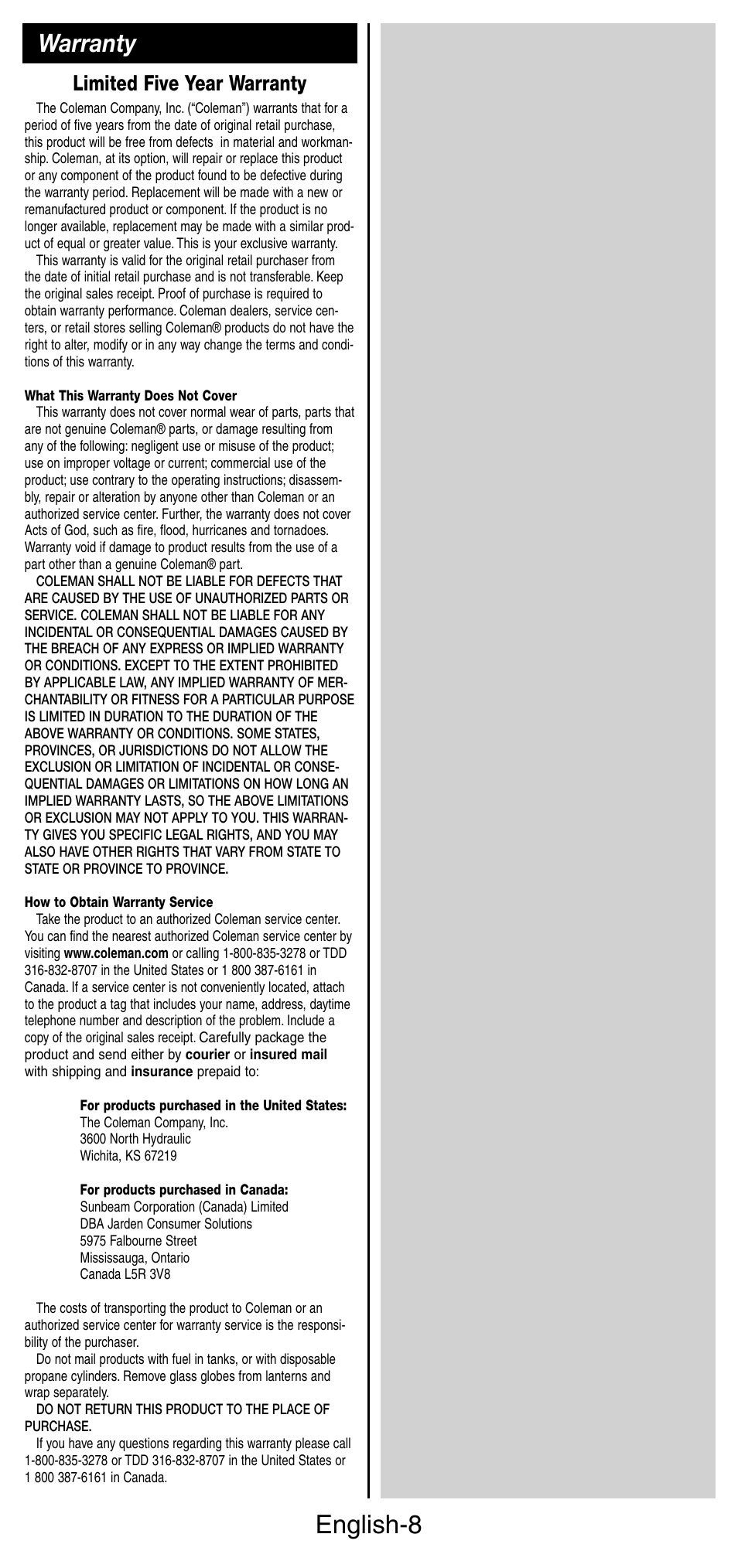 English-8, Warranty, Limited five year warranty | Coleman 9924 Series User Manual | Page 9 / 28