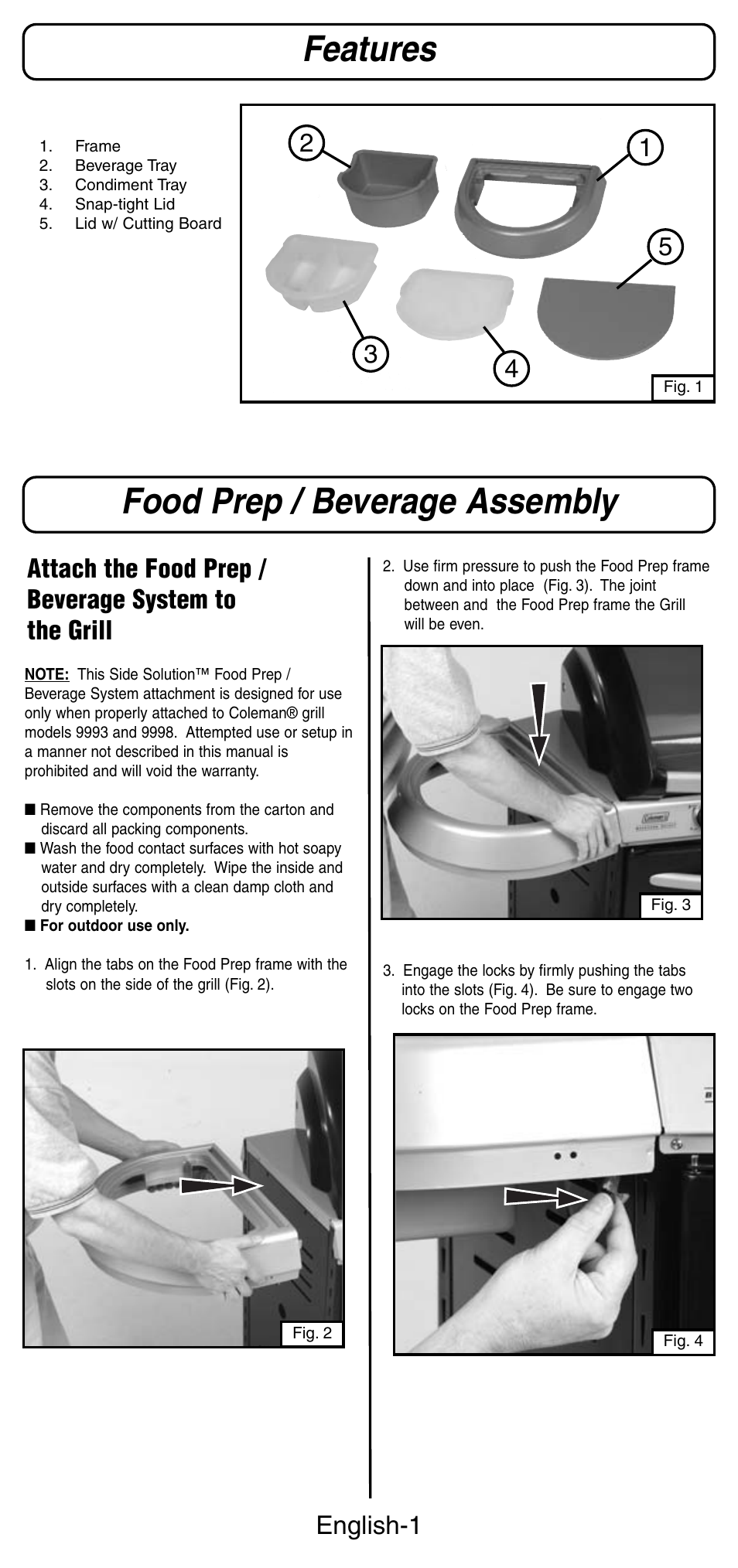 Food prep / beverage assembly, Features, English-1 | Coleman 9989 User Manual | Page 2 / 6