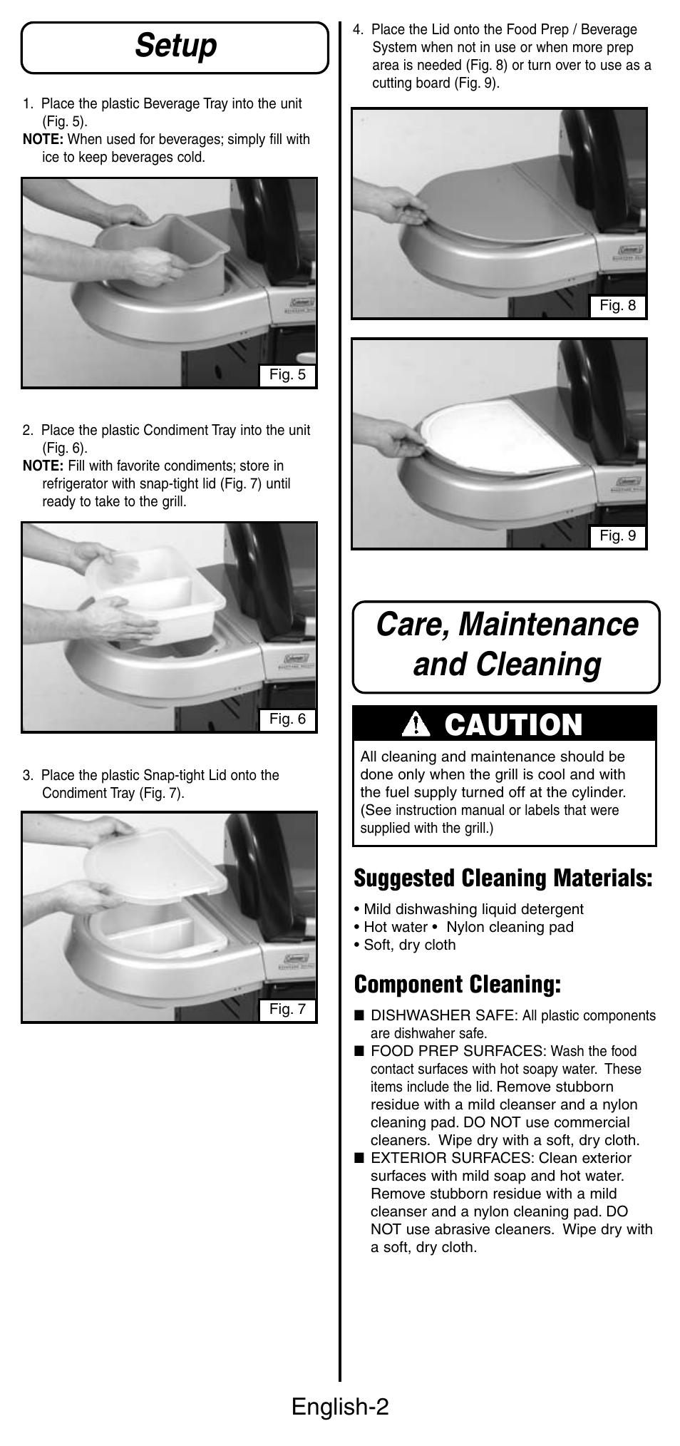 Setup, Care, maintenance and cleaning, Caution | English-2, Suggested cleaning materials, Component cleaning | Coleman 9989 User Manual | Page 3 / 6