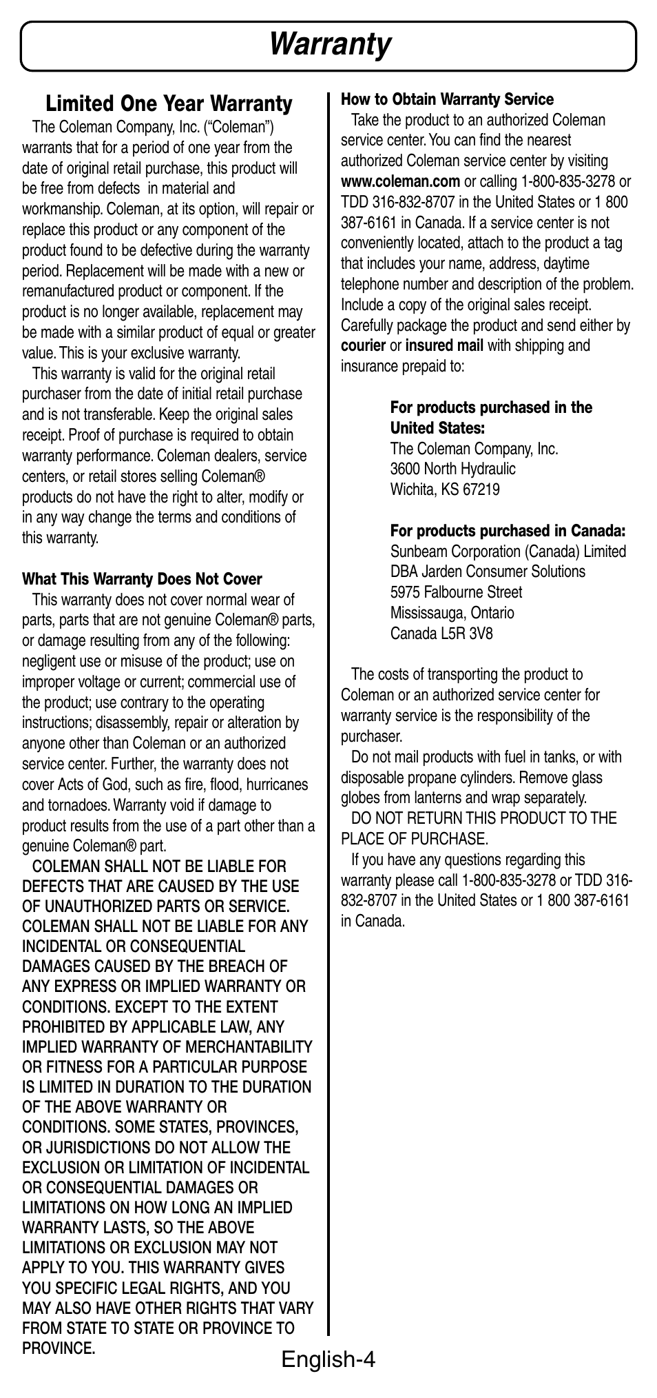 Warranty, English-4 limited one year warranty | Coleman 9989 User Manual | Page 5 / 6