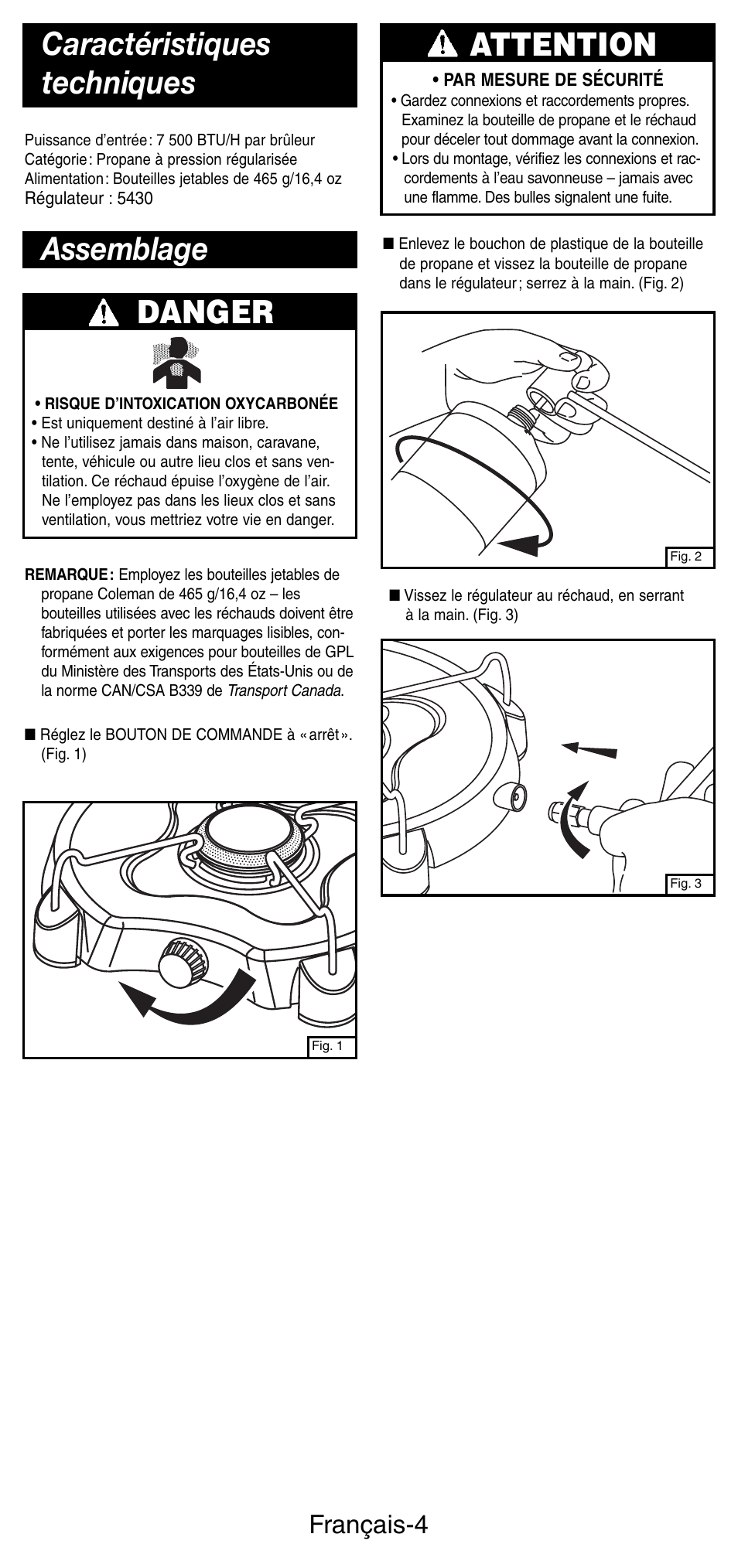 Assemblage caractéristiques techniques, Danger, Attention | Français-4 | Coleman 5453A User Manual | Page 11 / 24