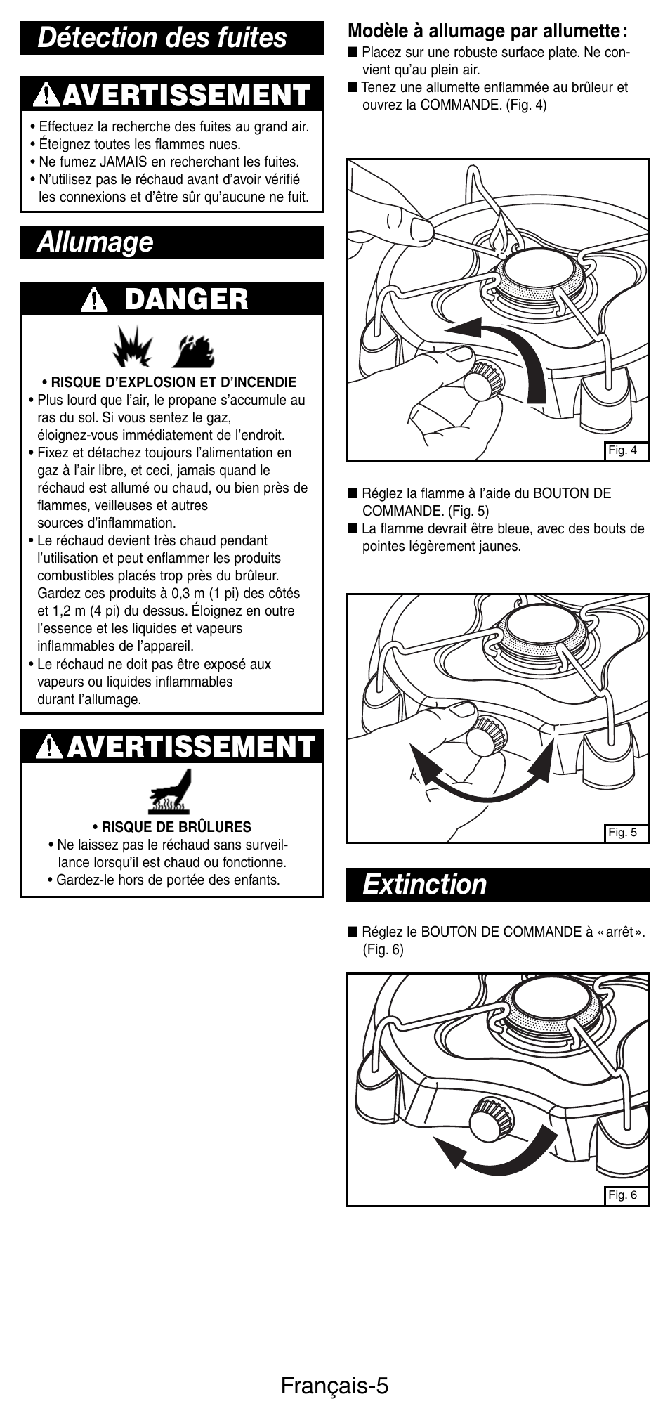 Extinction, Allumage avertissement, Détection des fuites danger | Avertissement, Français-5, Modèle à allumage par allumette | Coleman 5453A User Manual | Page 12 / 24