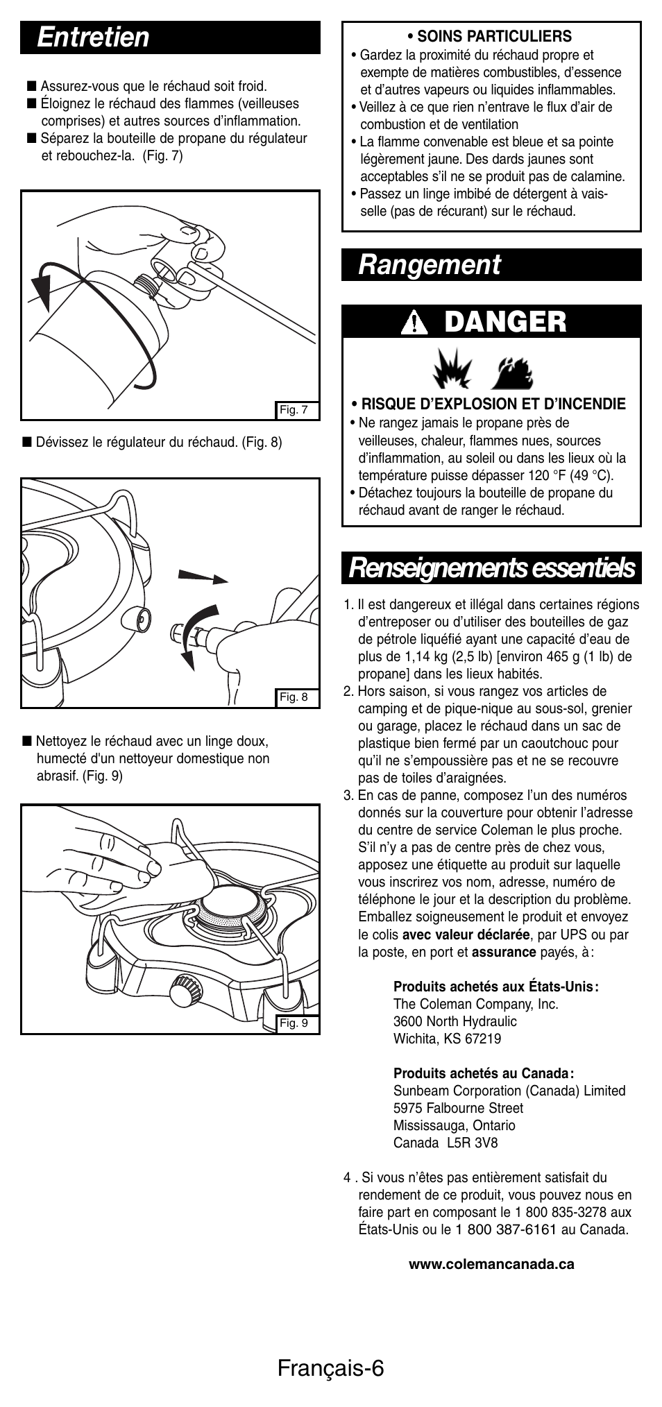 Danger, Rangement, Renseignements essentiels entretien | Français-6 | Coleman 5453A User Manual | Page 13 / 24