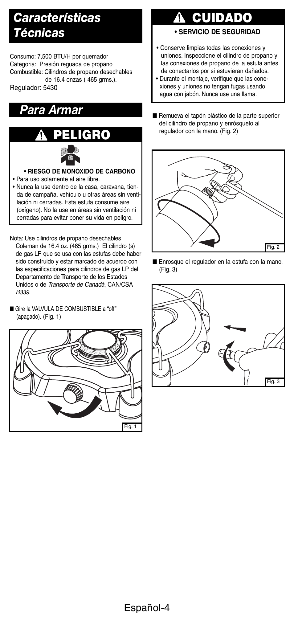 Características técnicas, Para armar peligro, Cuidado | Español-4 | Coleman 5453A User Manual | Page 18 / 24