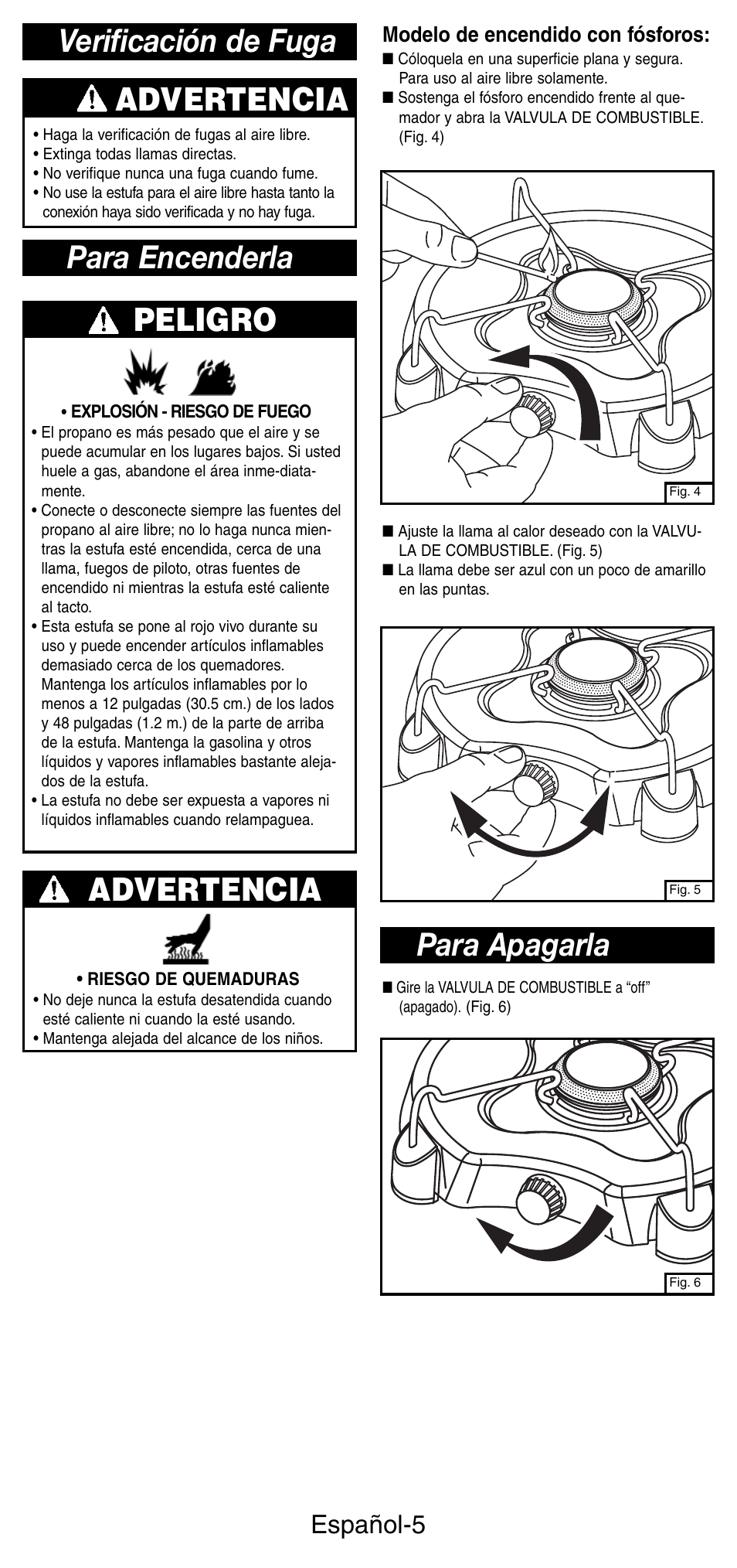 Para apagarla, Advertencia, Verificación de fuga para encenderla peligro | Español-5, Modelo de encendido con fósforos | Coleman 5453A User Manual | Page 19 / 24