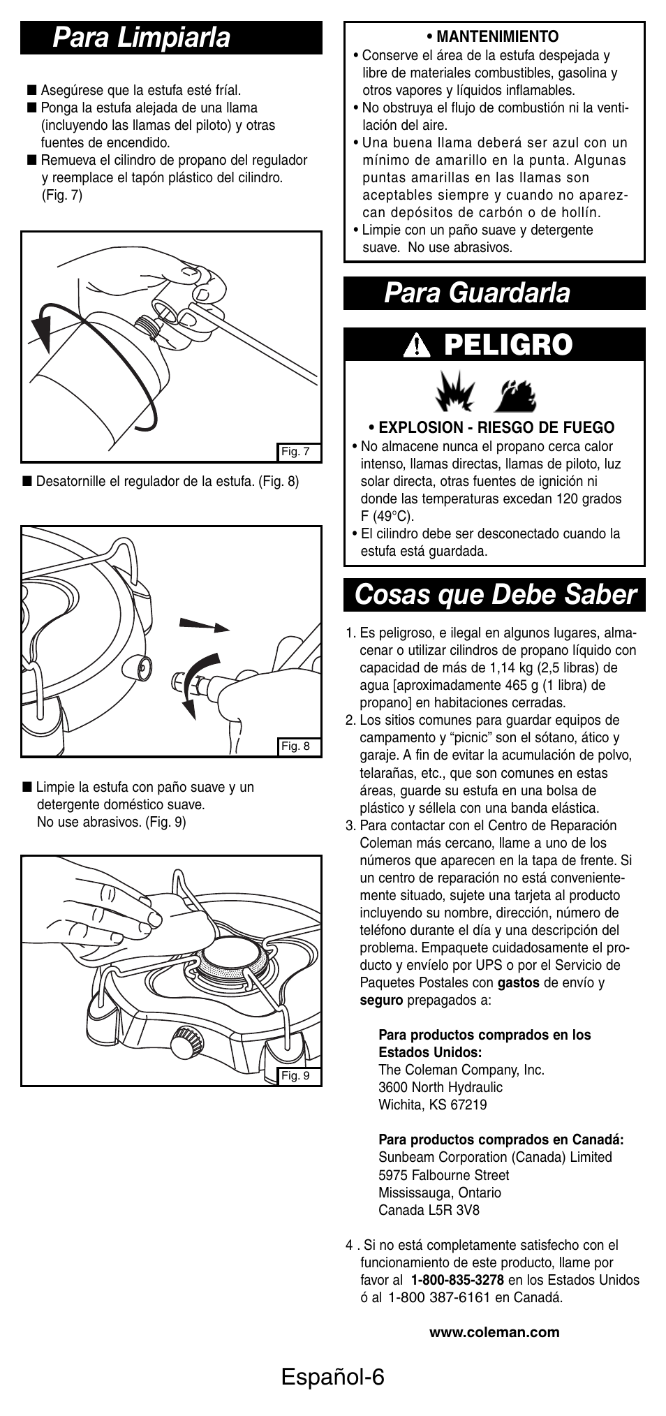 Para limpiarla, Cosas que debe saber peligro, Para guardarla | Español-6 | Coleman 5453A User Manual | Page 20 / 24