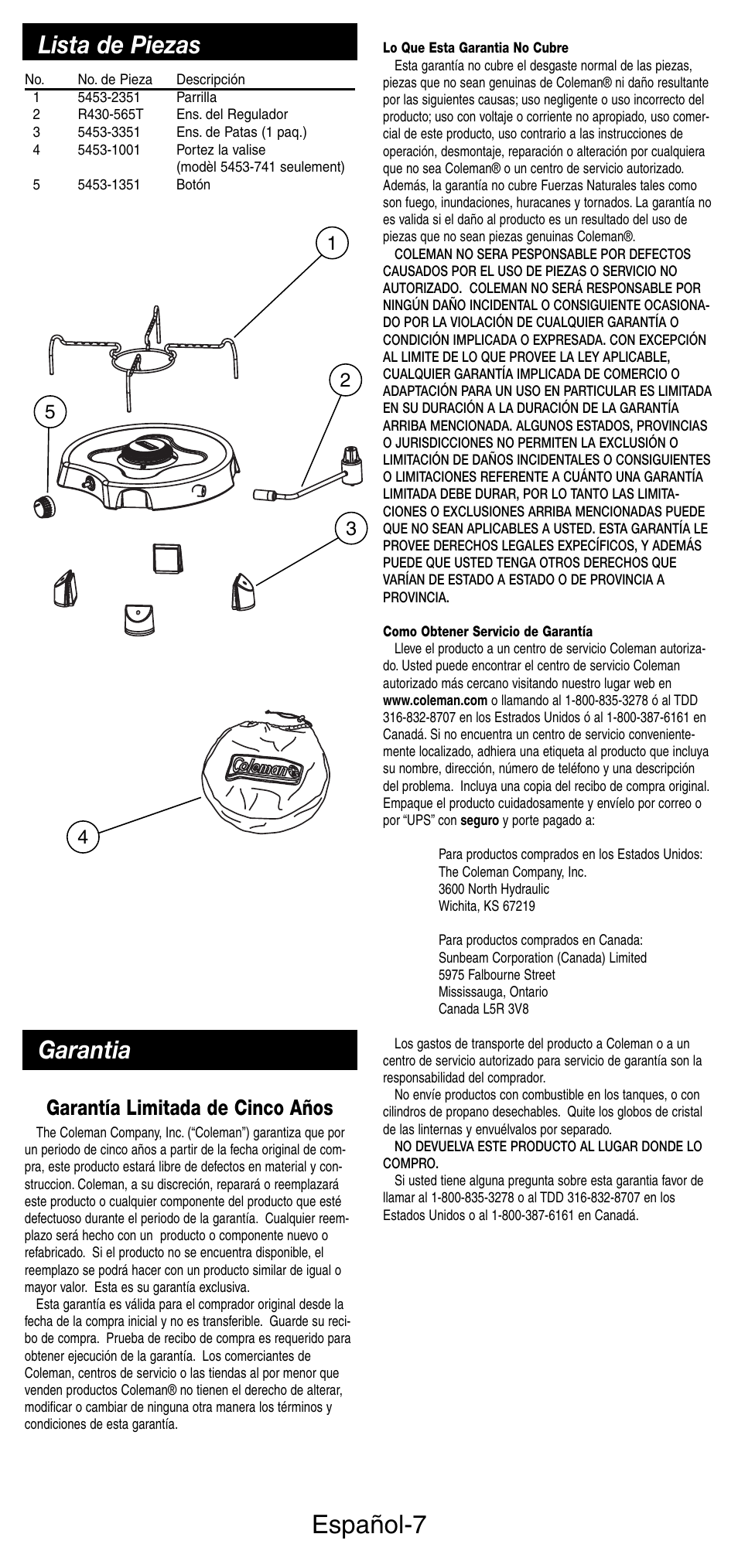 Español-7, Garantia lista de piezas, Garantía limitada de cinco años | Coleman 5453A User Manual | Page 21 / 24