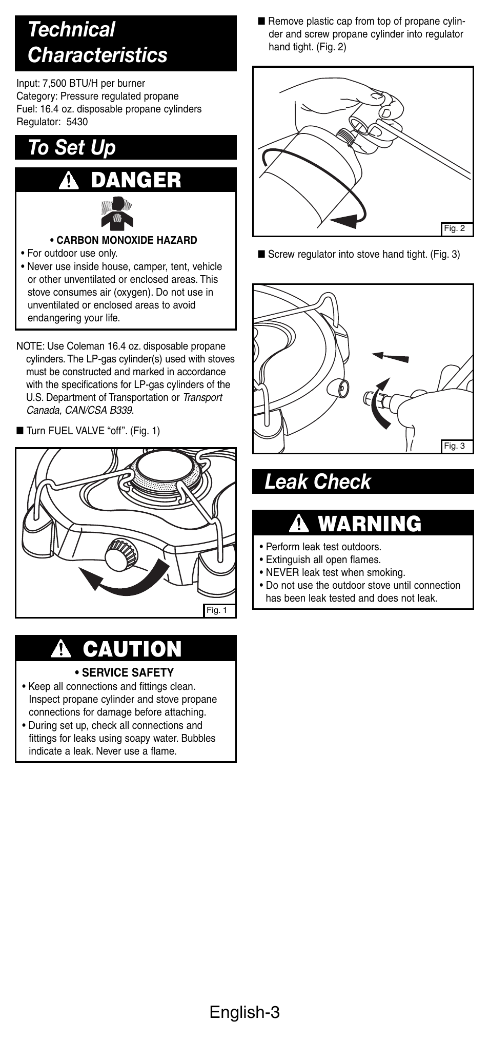 Danger, Caution, Warning | Leak check, English-3 | Coleman 5453A User Manual | Page 4 / 24