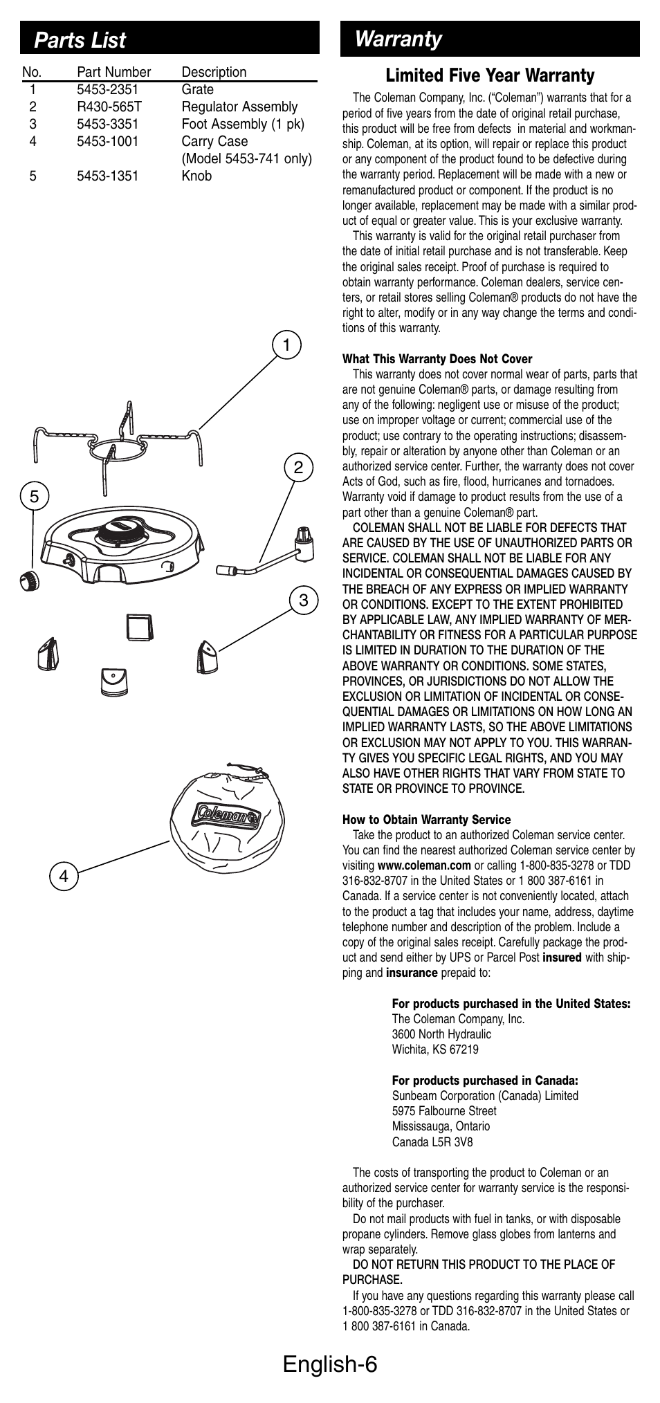 English-6, Warranty parts list, Limited five year warranty | Coleman 5453A User Manual | Page 7 / 24