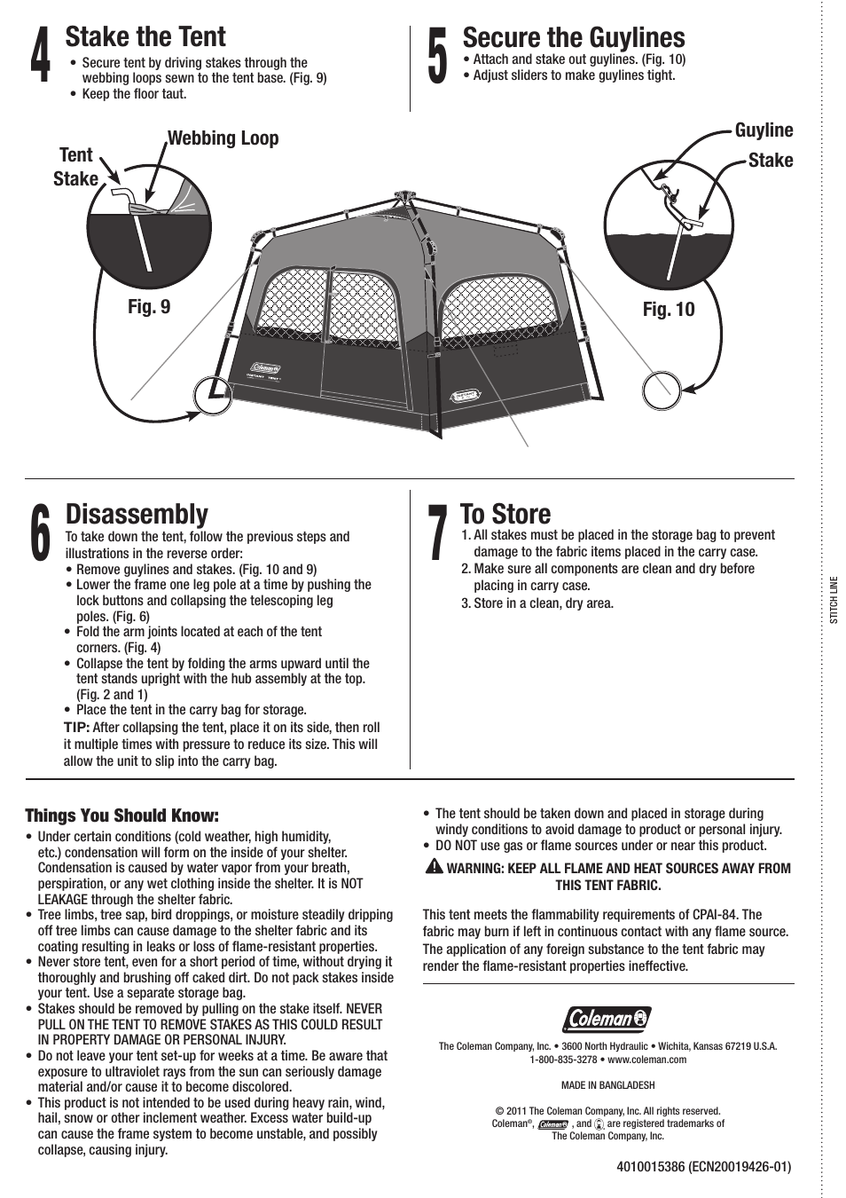Disassembly, Secure the guylines, Stake the tent | Coleman 2000010387 User Manual | Page 2 / 2
