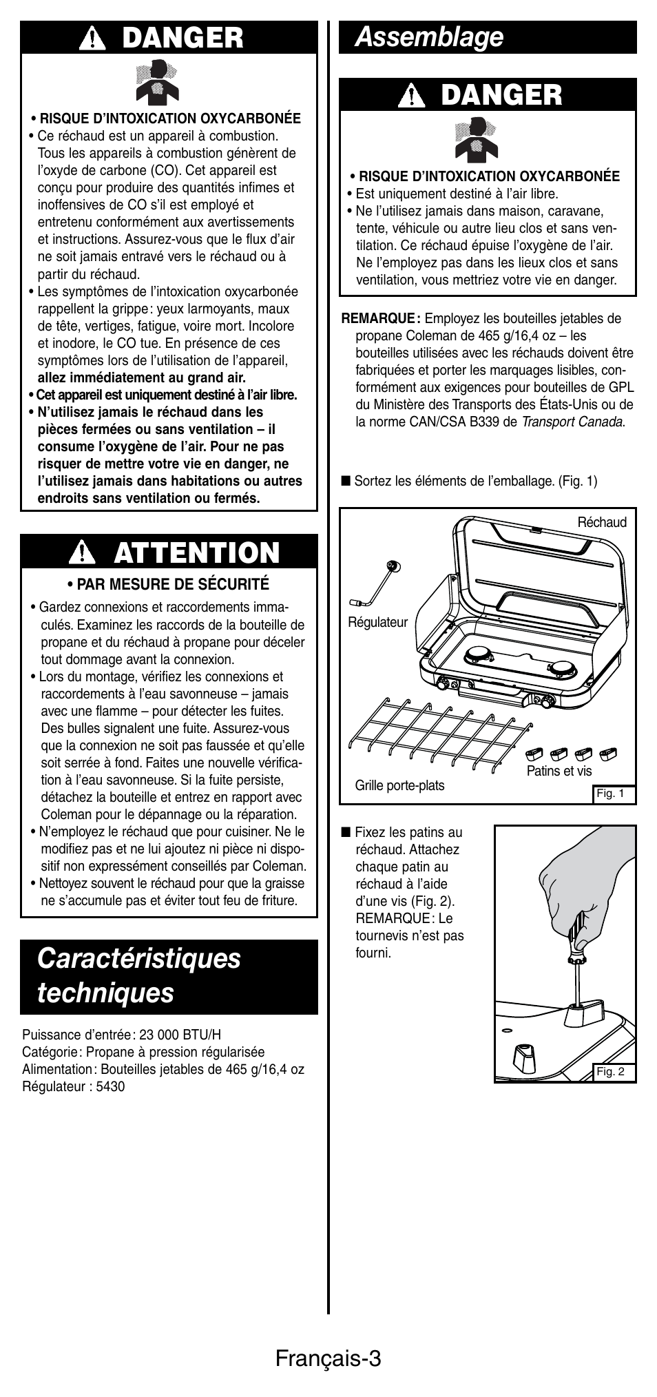 Danger, Attention, Assemblage caractéristiques techniques | Français-3 | Coleman 5441 Series User Manual | Page 11 / 28