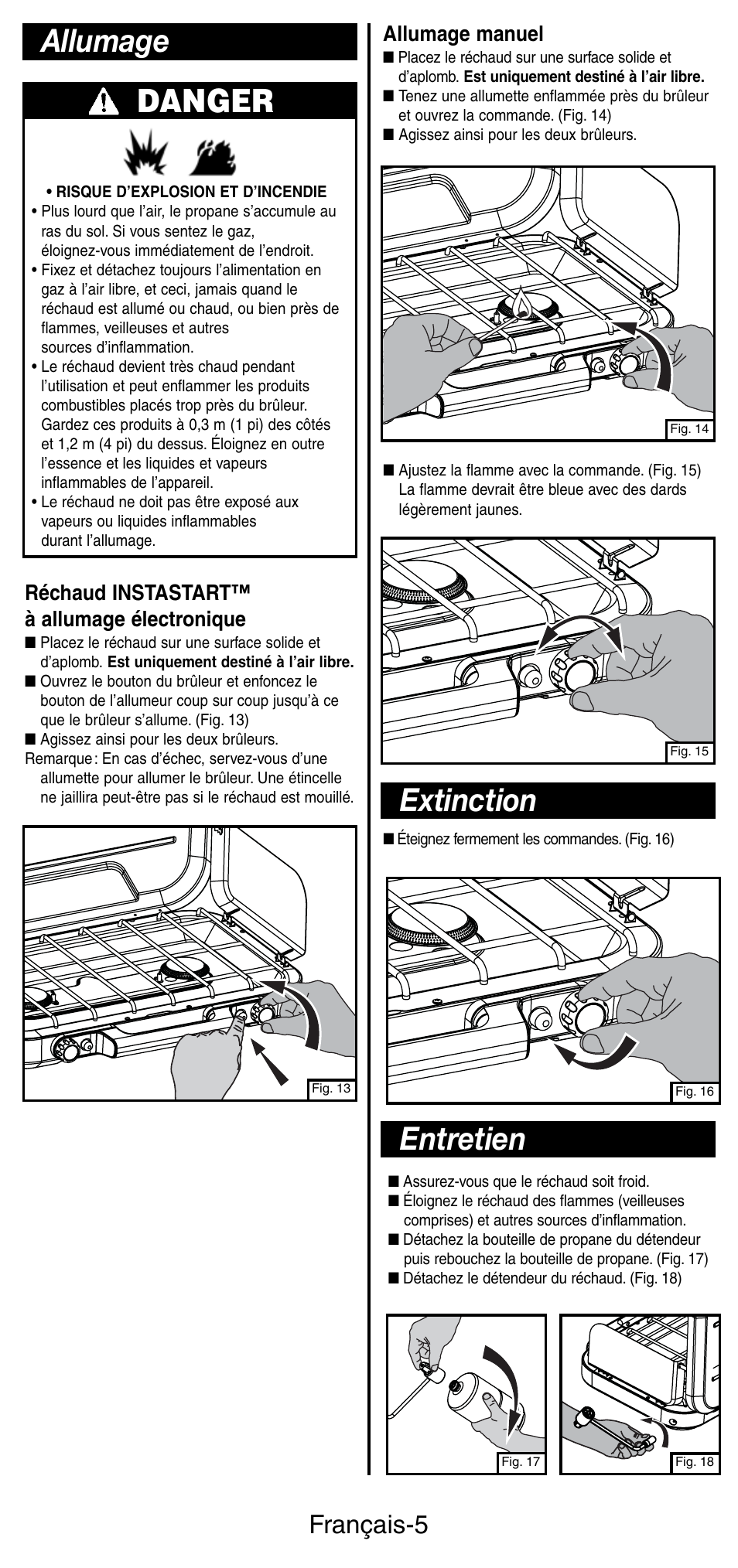 Extinction, Entretien, Allumage danger | Français-5, Réchaud instastart™ à allumage électronique, Allumage manuel | Coleman 5441 Series User Manual | Page 13 / 28