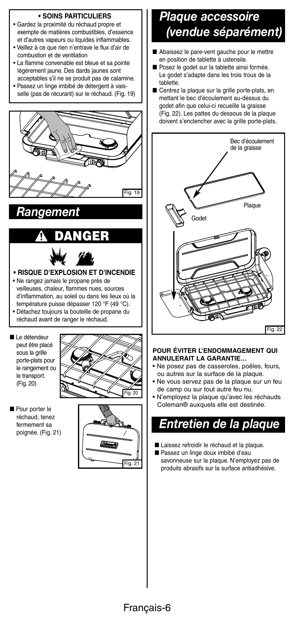 Danger, Rangement, Plaque accessoire (vendue séparément) | Entretien de la plaque, Français-6 | Coleman 5441 Series User Manual | Page 14 / 28