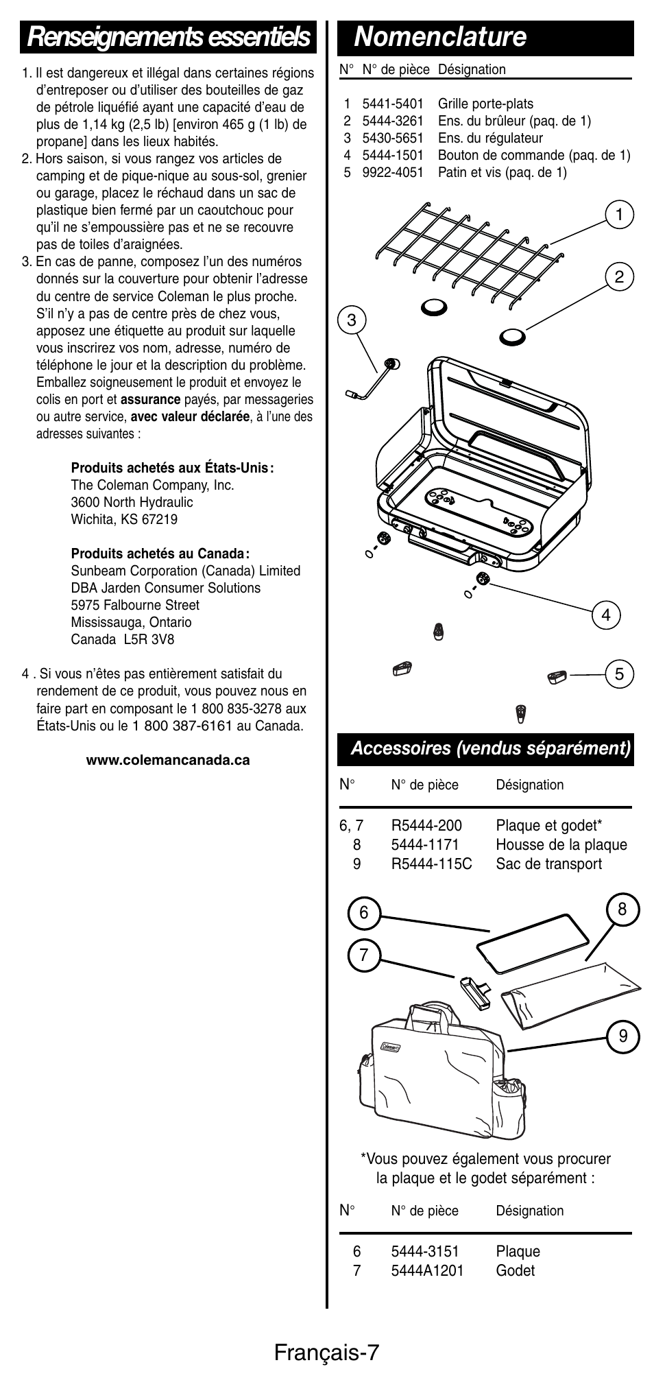 Renseignements essentiels nomenclature, Français-7, Accessoires (vendus séparément) | Coleman 5441 Series User Manual | Page 15 / 28