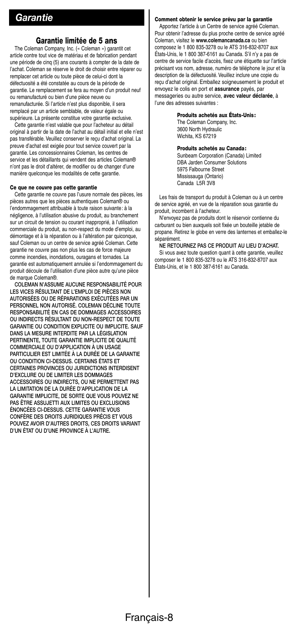 Français-8, Garantie, Garantie limitée de 5 ans | Coleman 5441 Series User Manual | Page 16 / 28