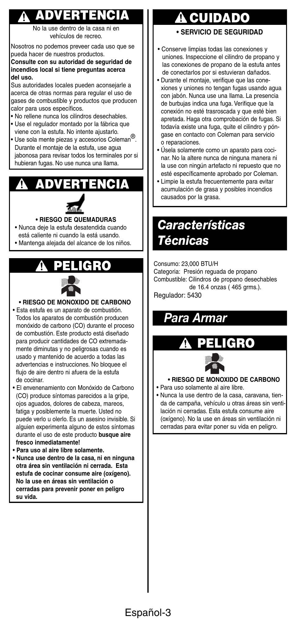 Advertencia, Peligro, Cuidado | Características técnicas, Para armar peligro, Español-3 | Coleman 5441 Series User Manual | Page 19 / 28