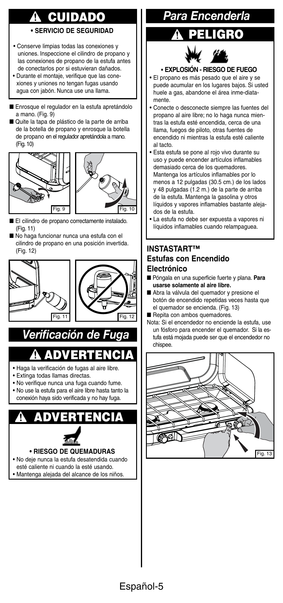 Advertencia, Verificación de fuga para encenderla peligro, Cuidado | Español-5, Instastart™ estufas con encendido electrónico | Coleman 5441 Series User Manual | Page 21 / 28