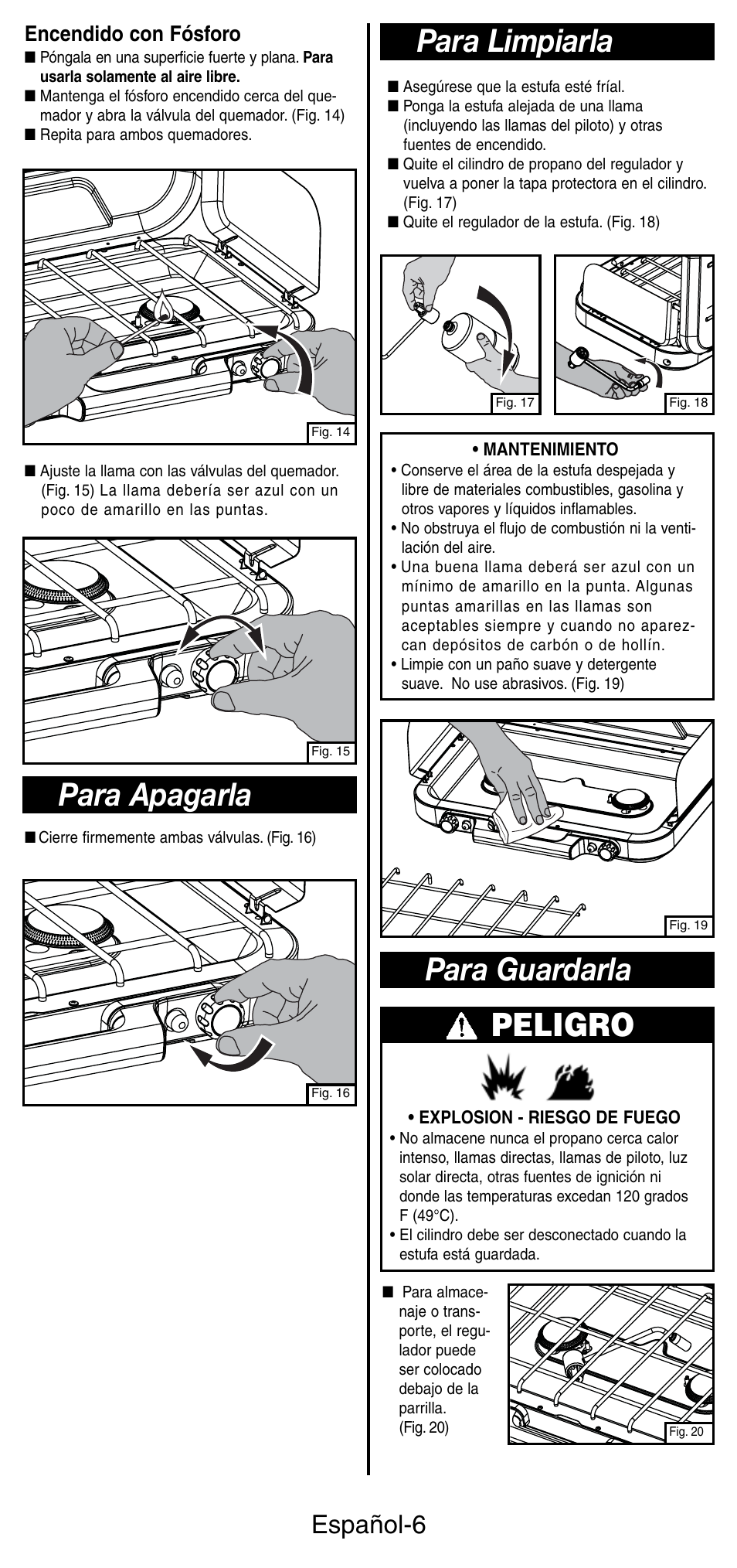 Peligro, Para guardarla, Para apagarla para limpiarla | Español-6, Encendido con fósforo | Coleman 5441 Series User Manual | Page 22 / 28