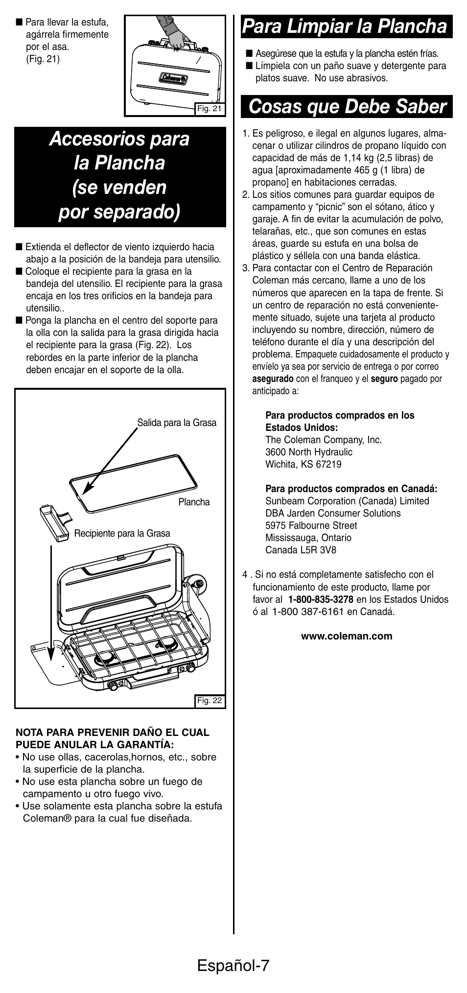 Cosas que debe saber, Para limpiar la plancha, Español-7 | Coleman 5441 Series User Manual | Page 23 / 28