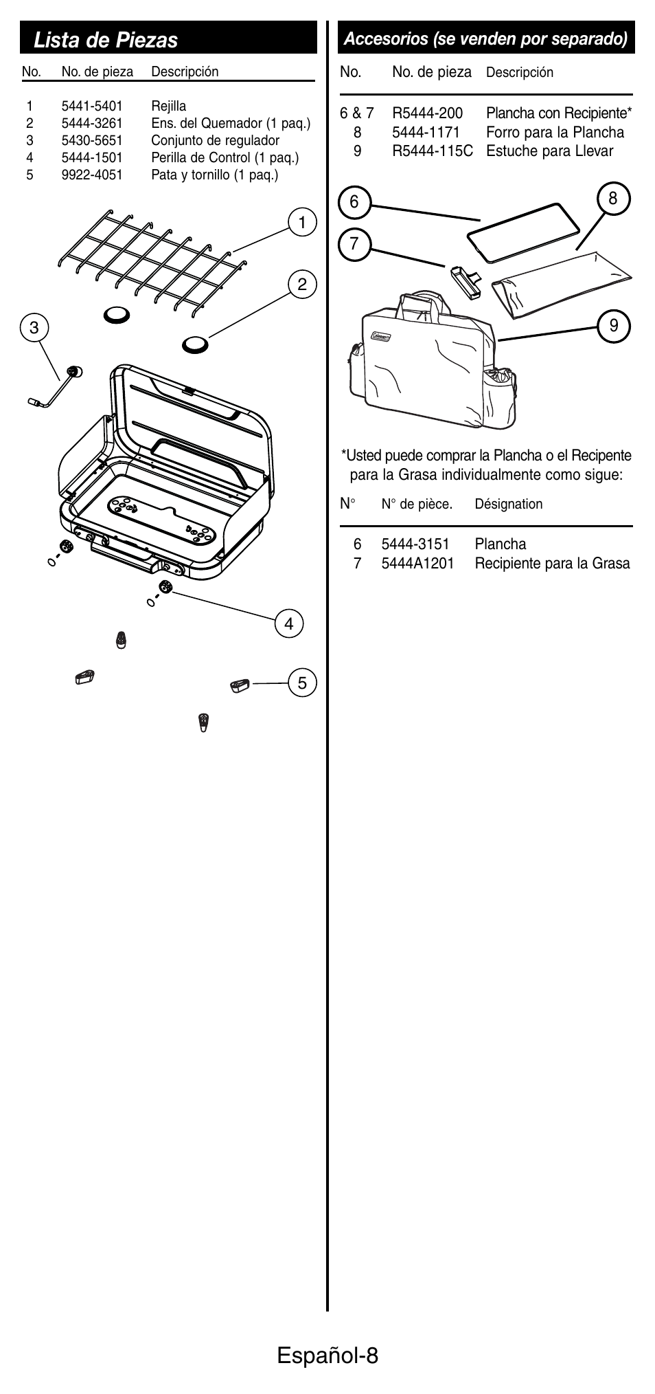 Español-8, Lista de piezas, Accesorios (se venden por separado) | Coleman 5441 Series User Manual | Page 24 / 28