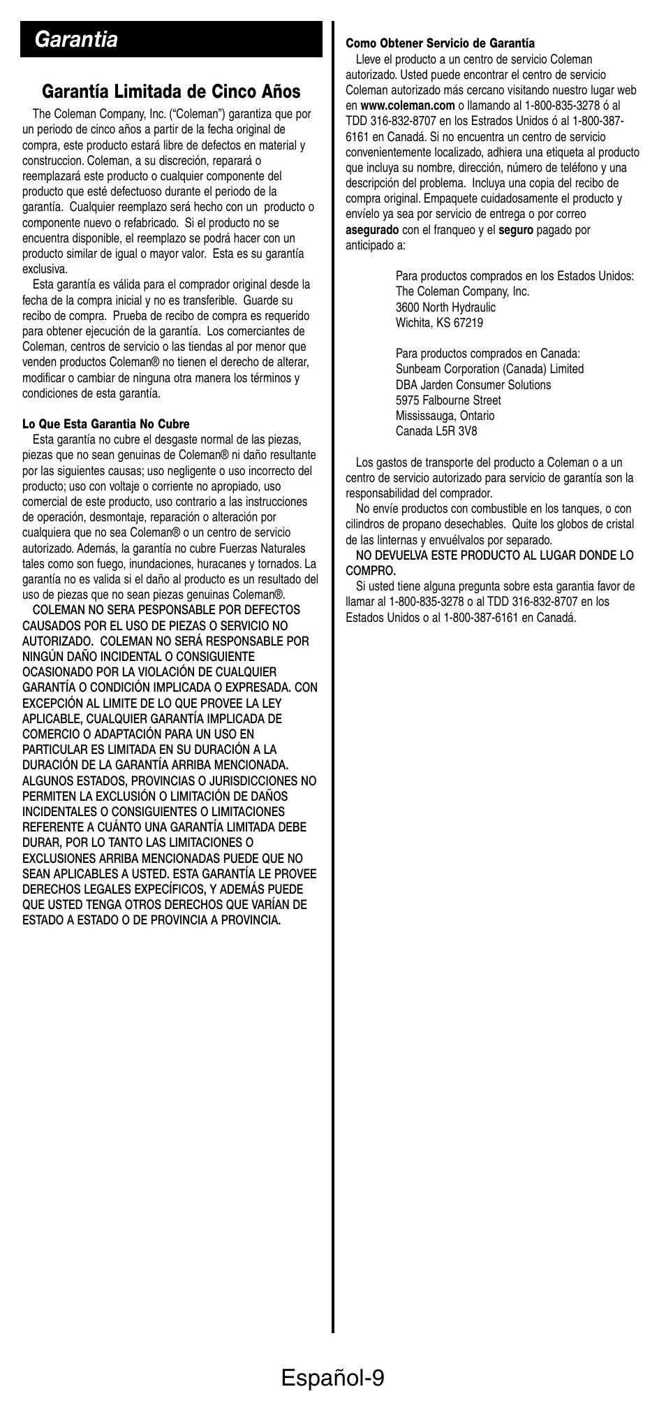 Español-9, Garantia, Garantía limitada de cinco años | Coleman 5441 Series User Manual | Page 25 / 28