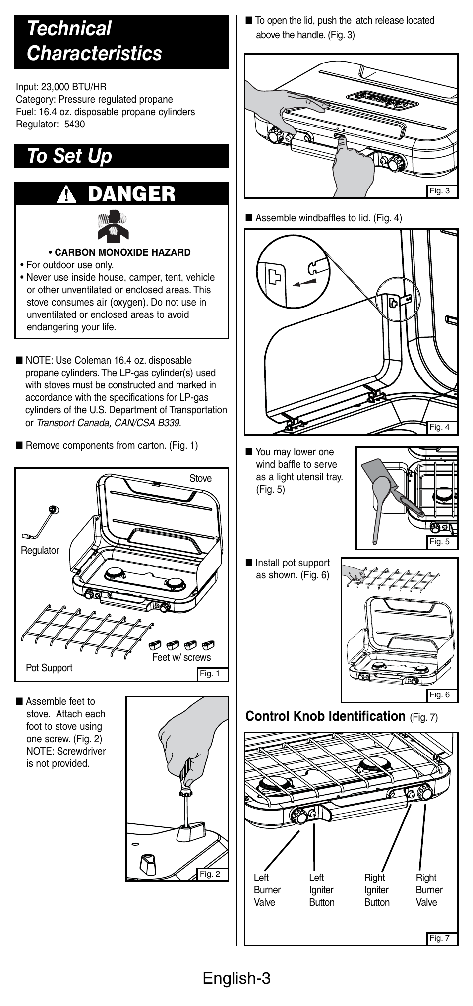 Danger, English-3, Control knob identification | Coleman 5441 Series User Manual | Page 4 / 28