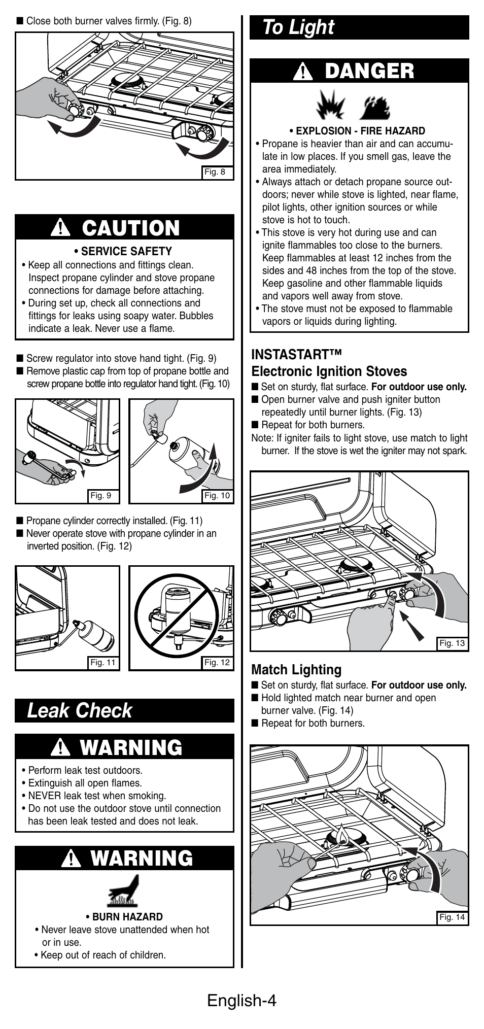 Warning, Leak check warning, Caution | English-4, Match lighting, Instastart™ electronic ignition stoves | Coleman 5441 Series User Manual | Page 5 / 28