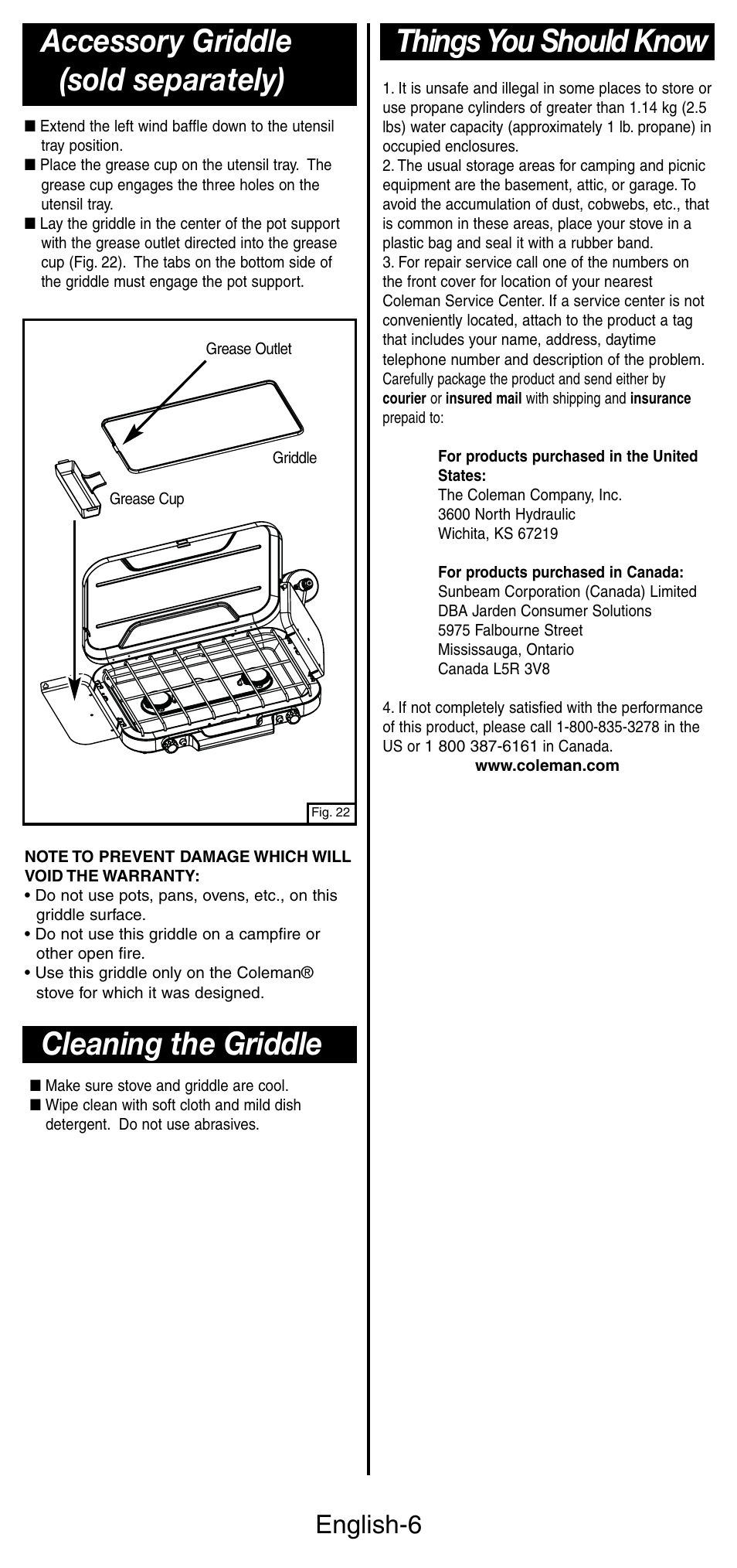 Things you should know, Accessory griddle (sold separately), Cleaning the griddle | English-6 | Coleman 5441 Series User Manual | Page 7 / 28