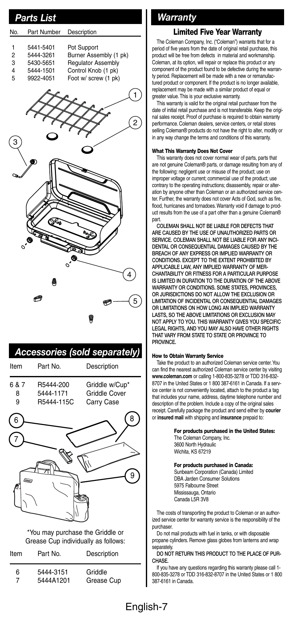 English-7, Warranty parts list, Accessories (sold separately) | Limited five year warranty | Coleman 5441 Series User Manual | Page 8 / 28