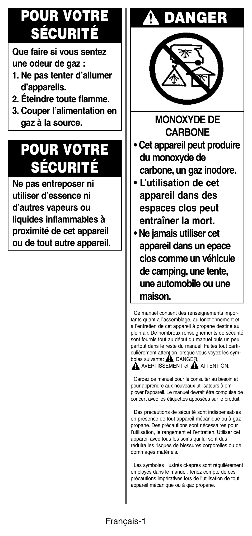Pour votre sécurité, Danger | Coleman 5441 Series User Manual | Page 9 / 28