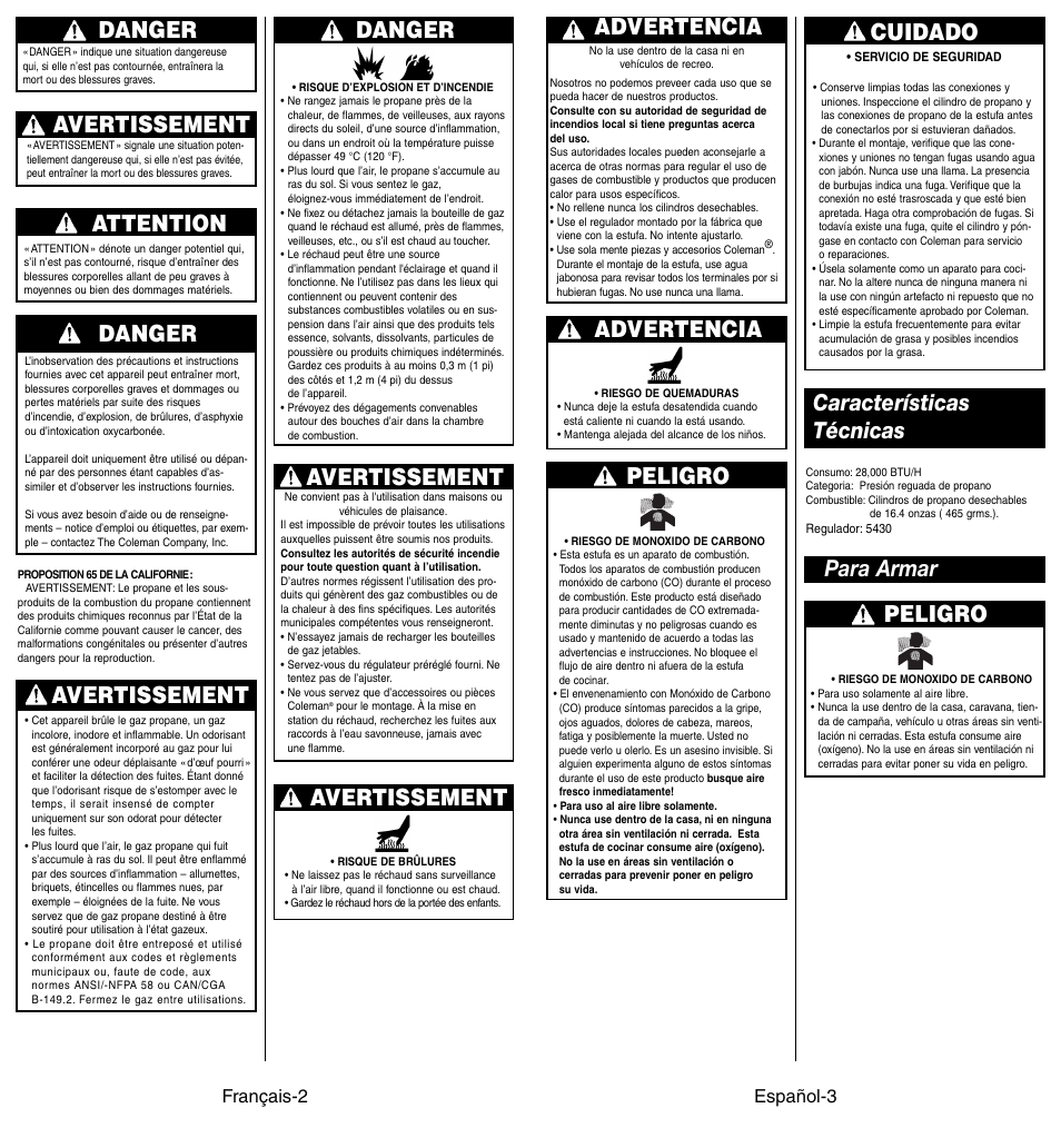 Advertencia, Peligro, Cuidado | Características técnicas, Para armar peligro, Avertissement danger, Avertissement, Danger, Attention, Español-3 | Coleman 4010002949 User Manual | Page 10 / 14