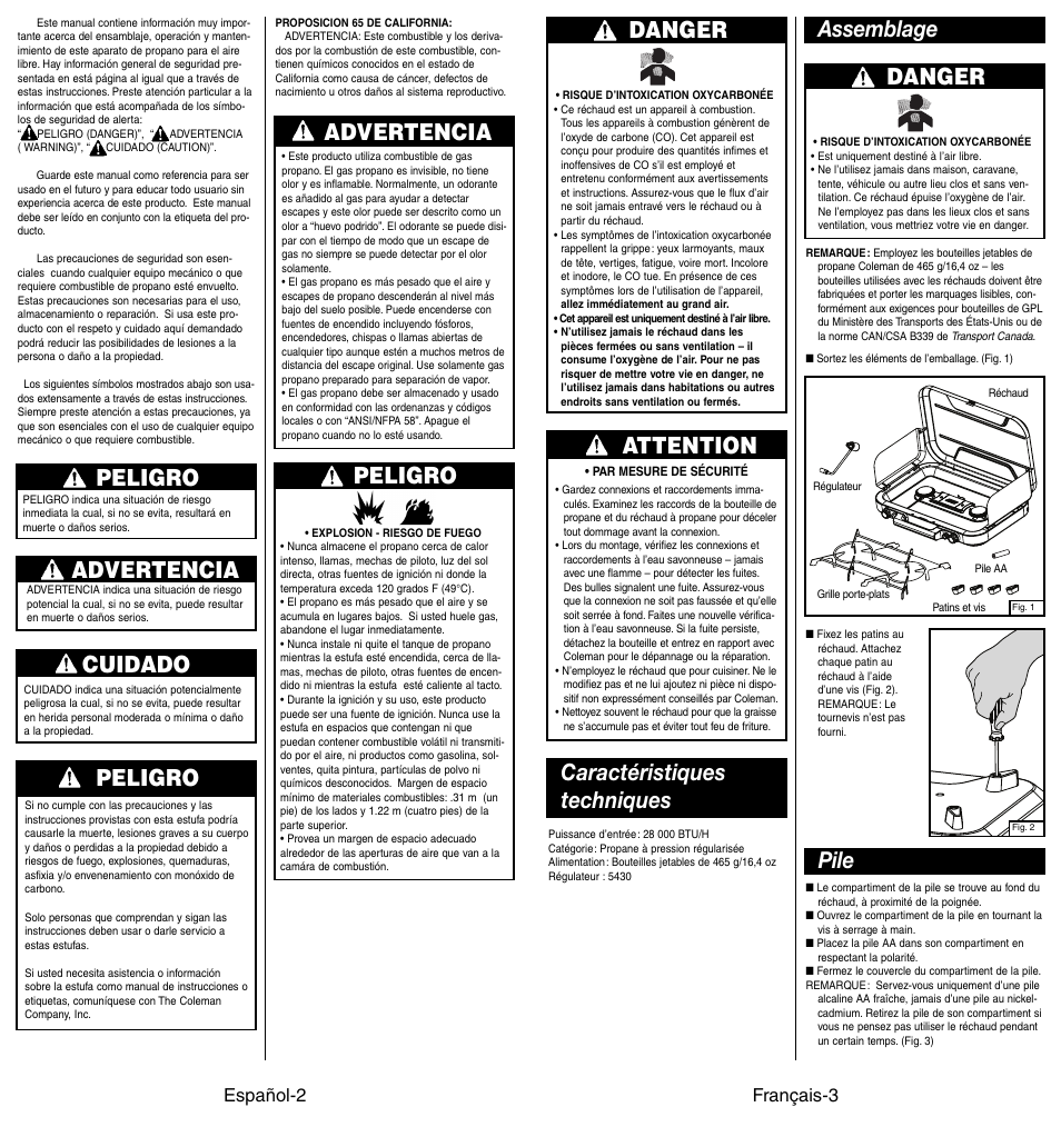 Peligro, Cuidado, Advertencia | Advertencia peligro, Danger, Attention, Assemblage caractéristiques techniques, Pile, Español-2 français-3 | Coleman 4010002949 User Manual | Page 11 / 14