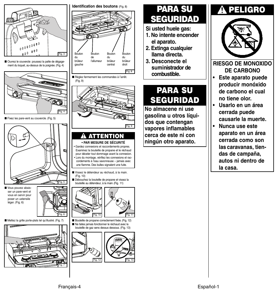 Para su seguridad, Peligro, Attention | Coleman 4010002949 User Manual | Page 12 / 14