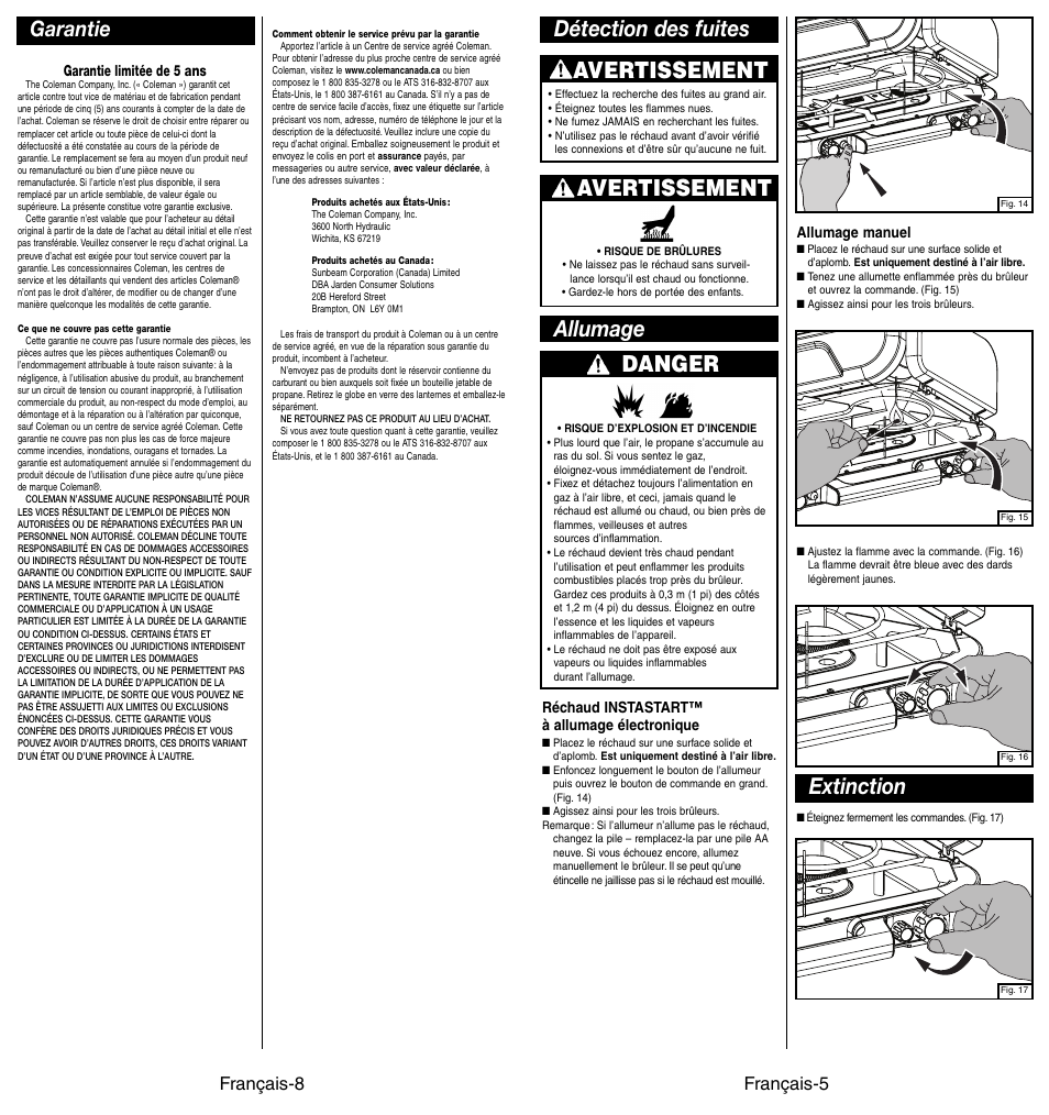 Extinction, Allumage avertissement, Détection des fuites danger | Avertissement, Garantie, Français-8, Français-5 | Coleman 4010002949 User Manual | Page 13 / 14