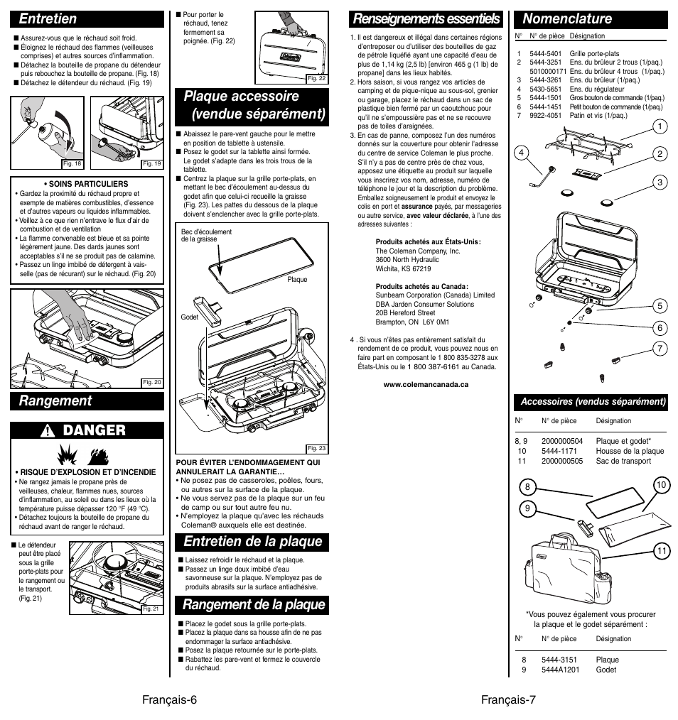 Renseignements essentiels, Nomenclature, Danger | Rangement entretien, Entretien de la plaque, Français-7, Français-6 | Coleman 4010002949 User Manual | Page 14 / 14