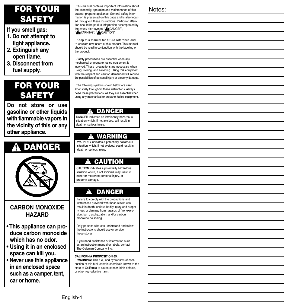 For your safety, Danger, Warning | Caution | Coleman 4010002949 User Manual | Page 2 / 14